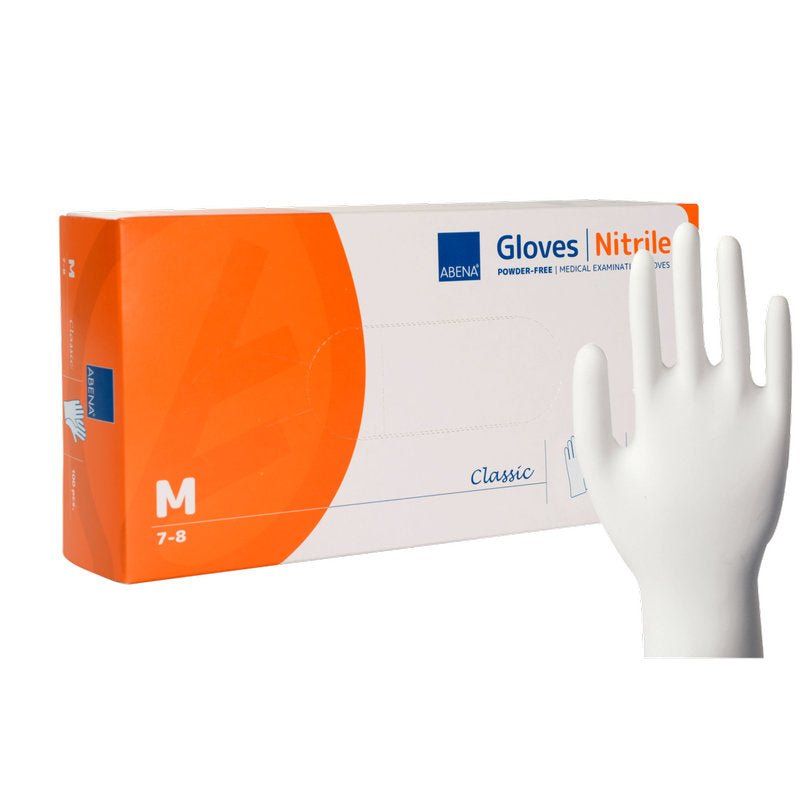 Weiße Nitril-Handschuhe, Größe M, neben einer Verpackung. Auf der Verpackung steht "ABENA Gloves Nitrile".
