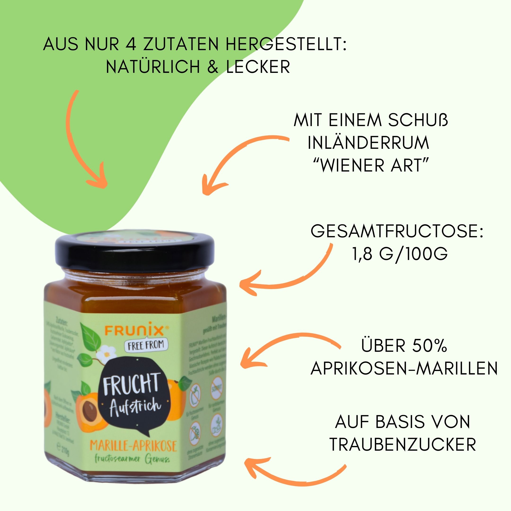 Glas FRUNIX® Marille-Aprikose-Fruchtaufstrich. Text: Aus nur 4 Zutaten hergestellt. Über 50% Aprikosen-Marillen. Gesamt-Fructose: 1,8 g/100g.