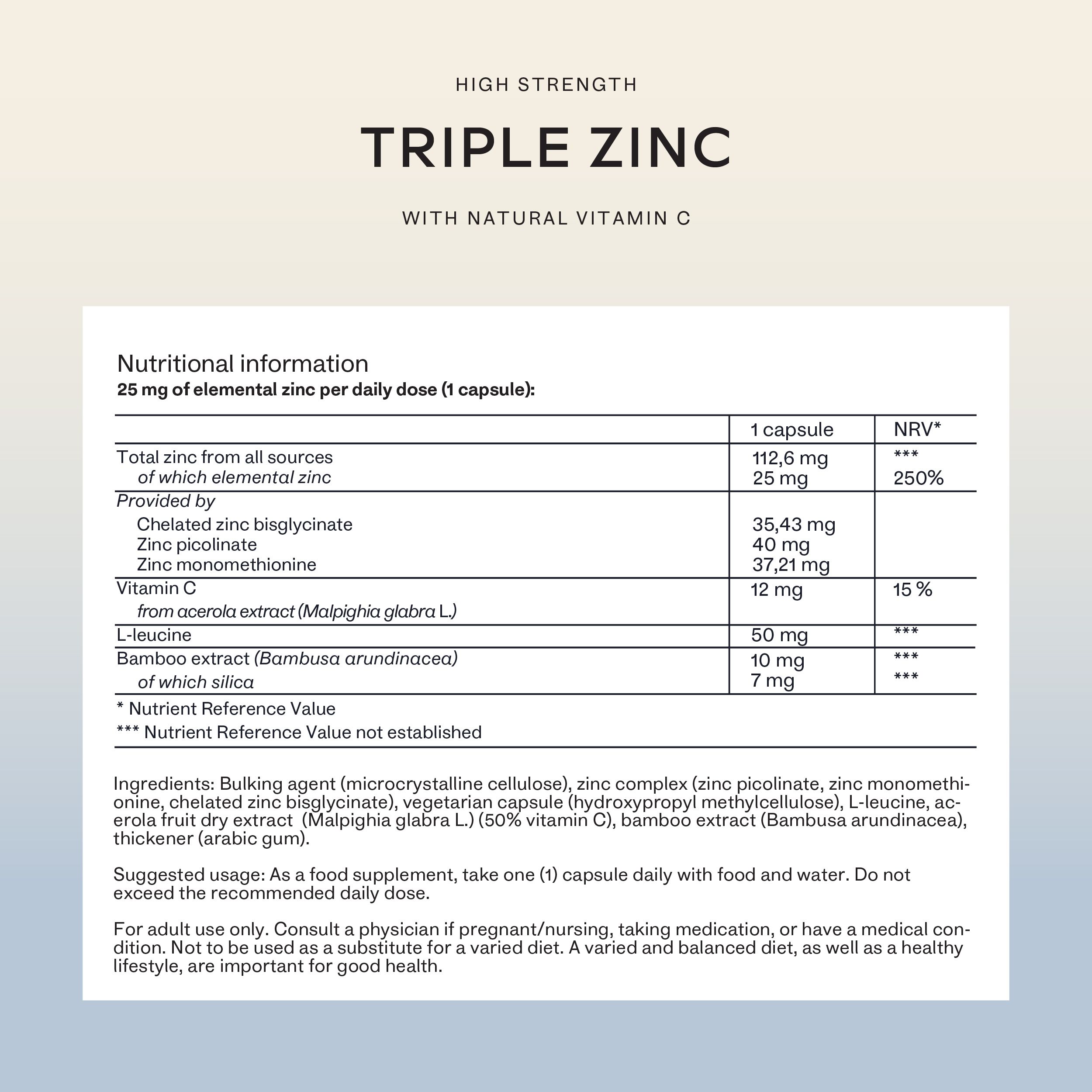 Nährwertangaben für Aavalabs Triple Zinc Kapseln.
