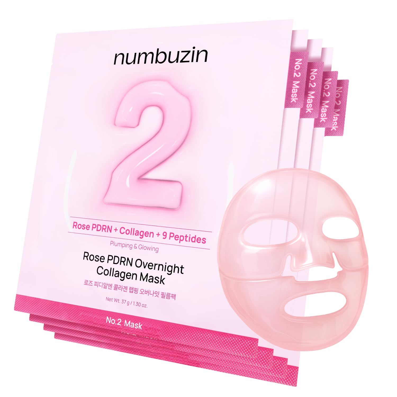 Mehrere rosa Maskenpackungen und eine einzelne Maske. Aufschrift: "No.2 Rose PDRN Overnight Collagen Mask". Marke: Numbuzin.