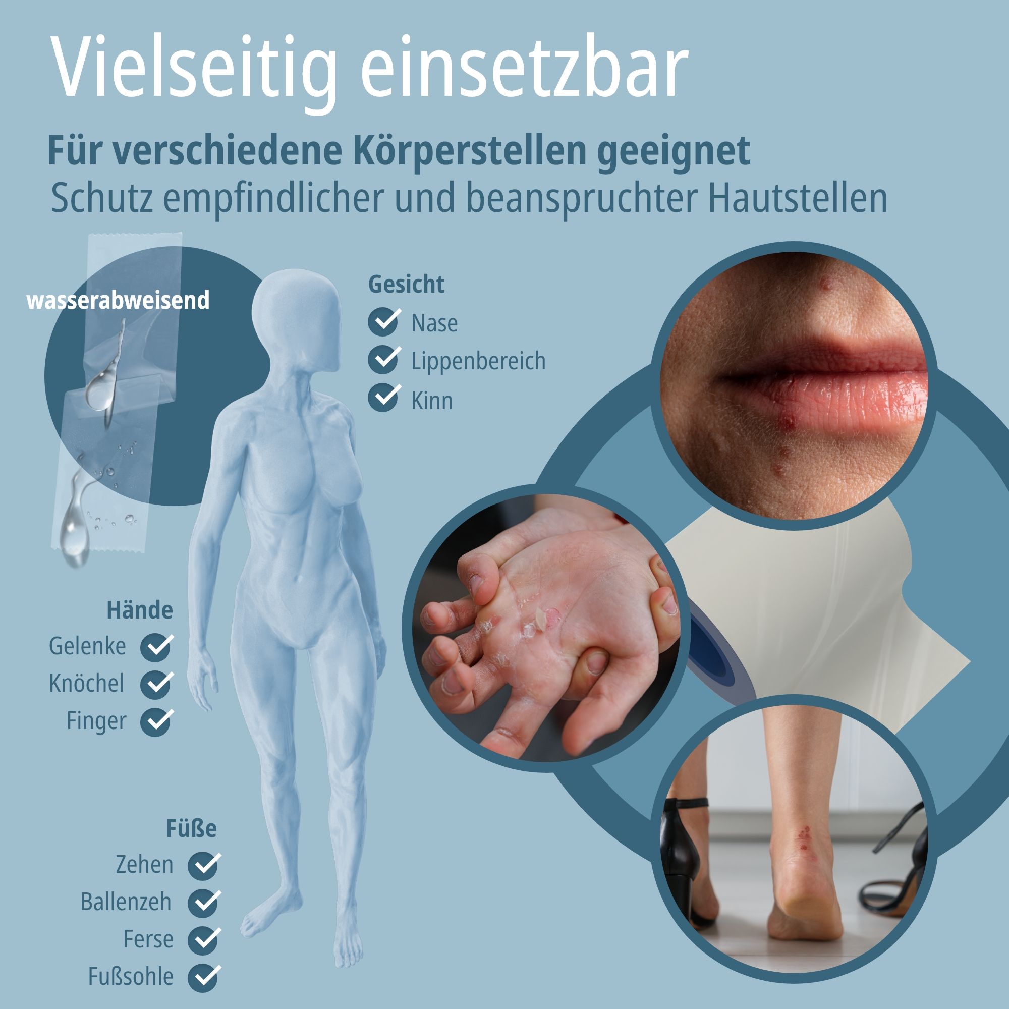 Vielseitig einsetzbar: Schutz empfindlicher und beanspruchter Hautstellen.