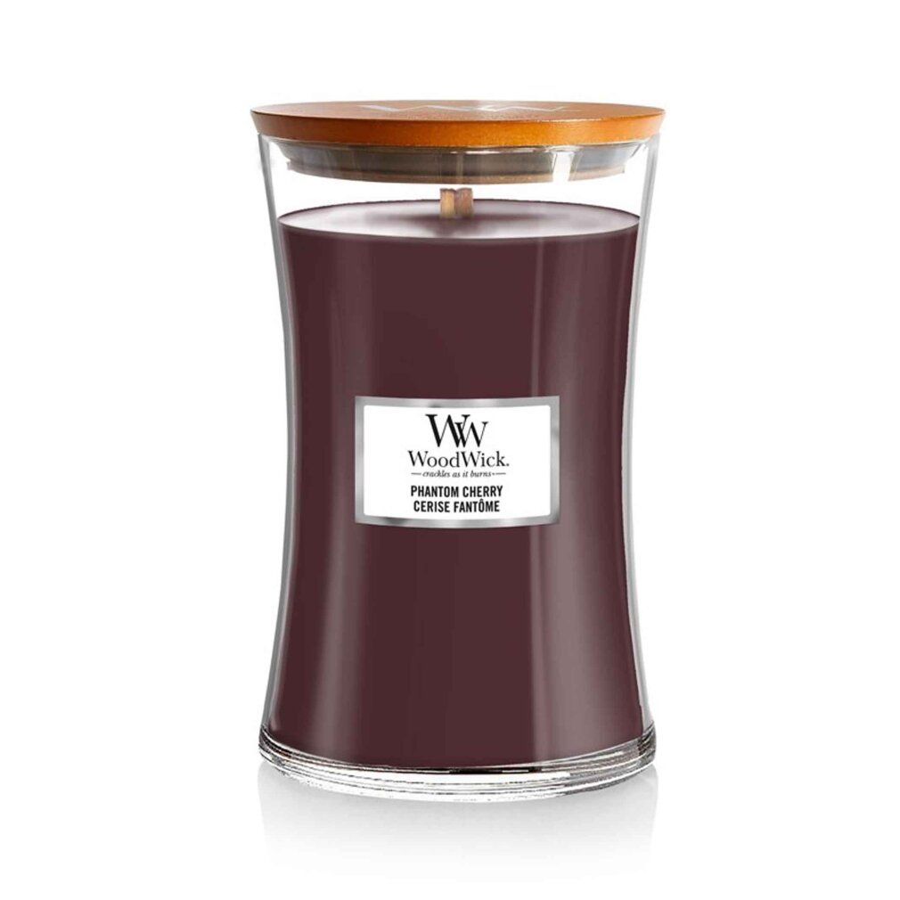 Glas-Duftkerze mit Holzdocht und Deckel. Etikett mit "WoodWick Phantom Cherry". Dunkelrote Wachsfüllung.