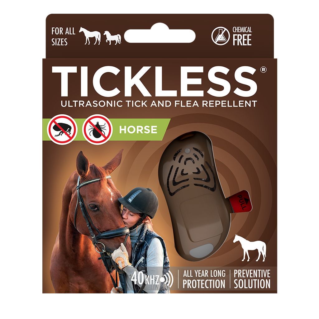 Verpackung von TICKLESS Pferden. Braun. Mit Produktabbildung, Pferd und Person. Text: TICKLESS, Ultraschall-Zecken- und Flohschutz.