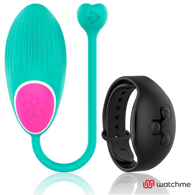 Türkises Vibro-Ei mit pinkem Detail und schwarzer Armband-Fernbedienung mit drei Tasten.