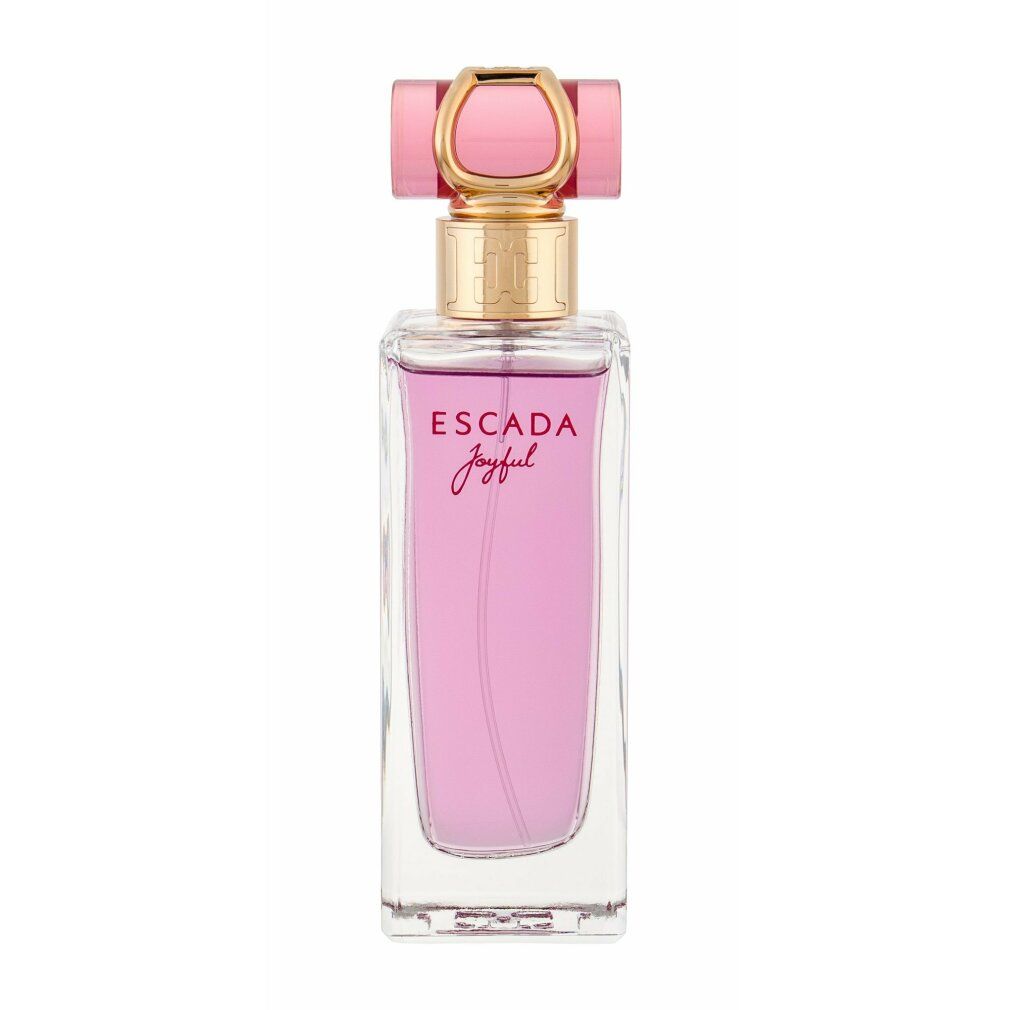 Escada Joyful Eau de Parfum Spray Flakon. Rechteckiger Flakon mit rosa Flüssigkeit, goldfarbener Hals und rosa Verschluss.