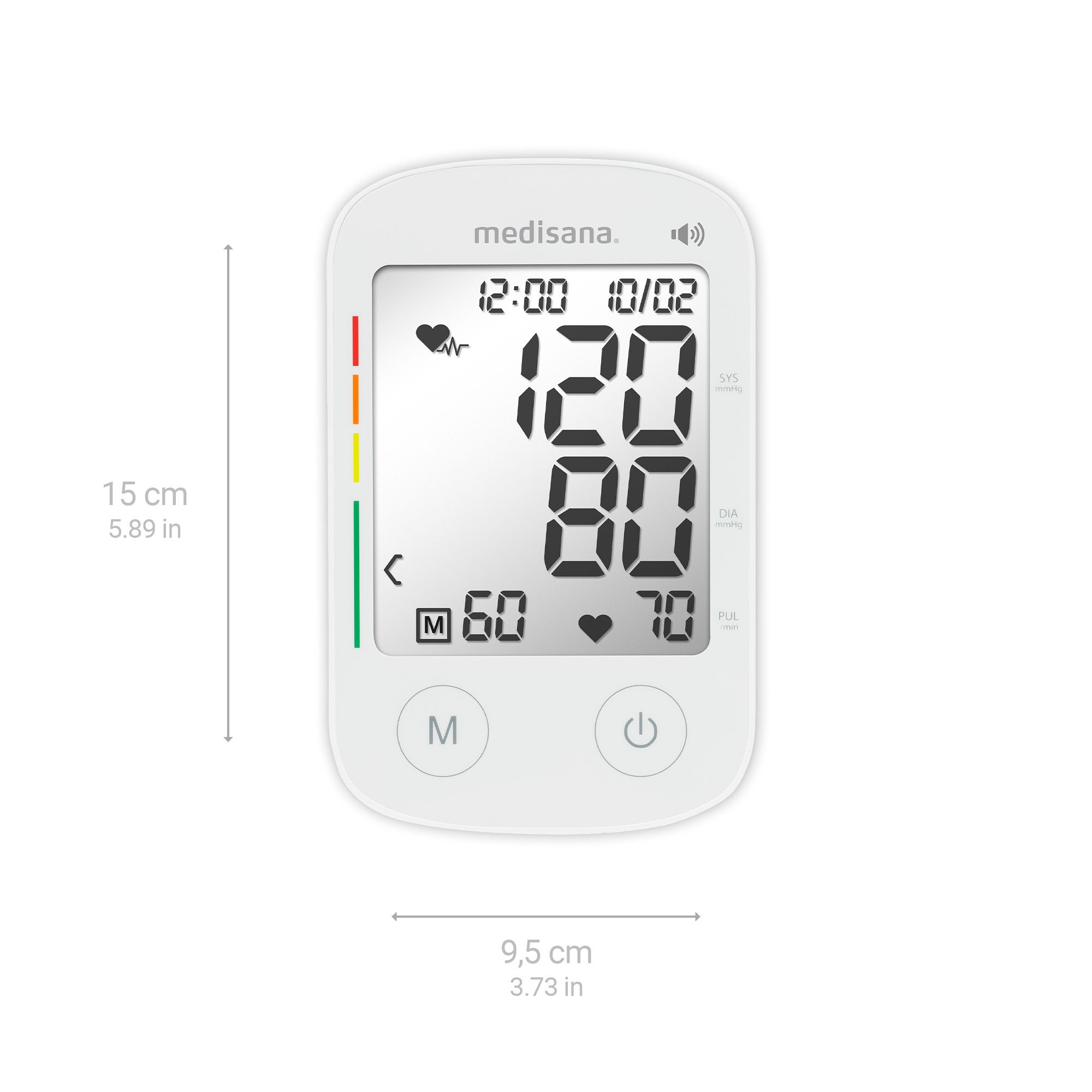 Medisana Blutdruckmessgerät, 15x9,5 cm. Großes Display zeigt 120/80 mmHg. Mit M- und Power-Knopf.