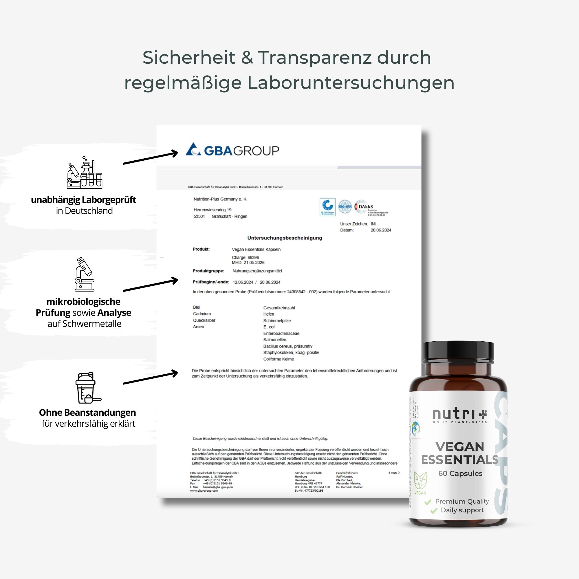 Zertifikat: Laboruntersuchungen. GBA Group. Unabhängig geprüft in Deutschland. Mikrobiologische Prüfung. Ohne Beanstandungen.