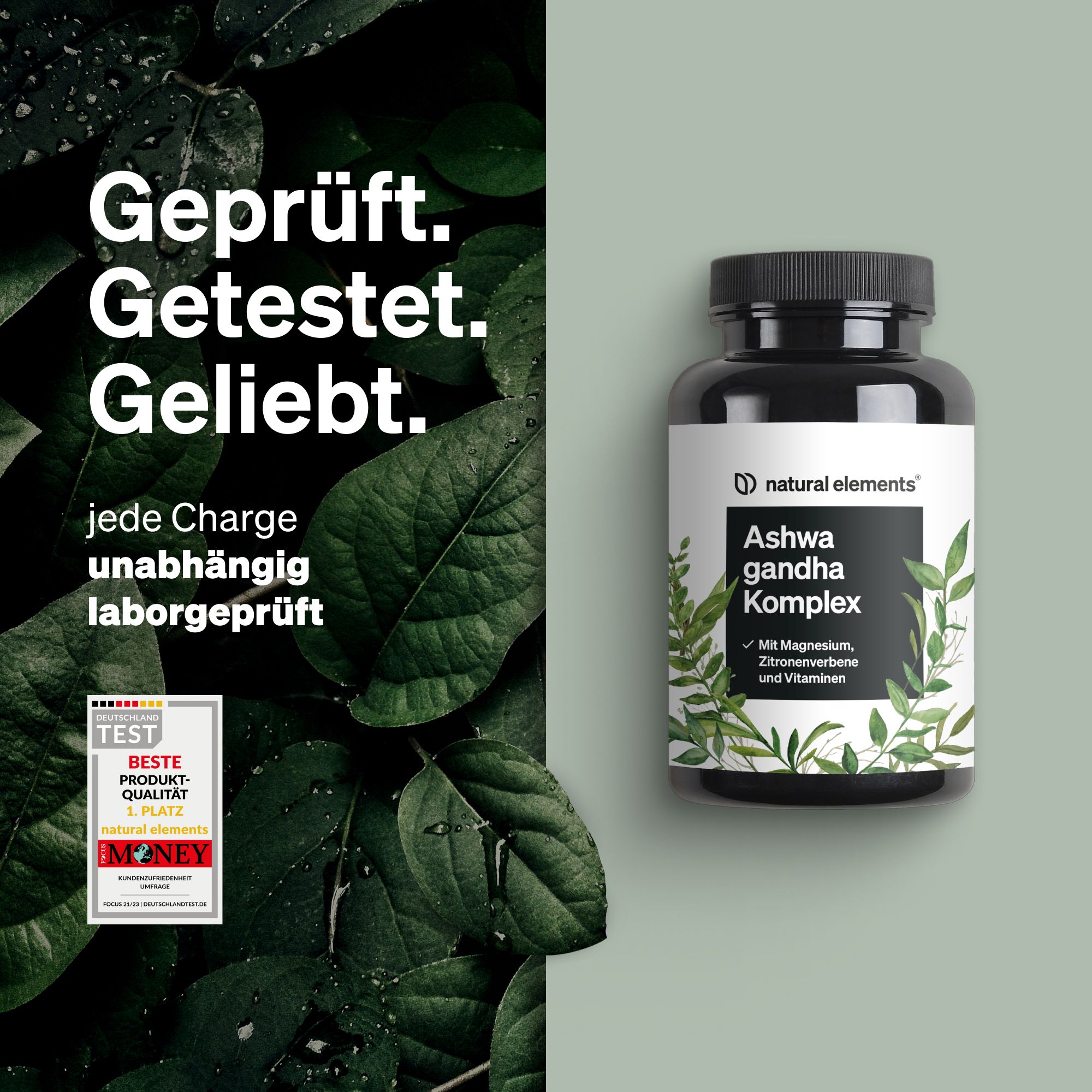 Schwarze Flasche mit weißem Etikett. Aufschrift: Ashwagandha Komplex. Mit Magnesium, Zitronenverbene und Vitaminen. Grünpflanzen-Dekor. Prüfzeichen.