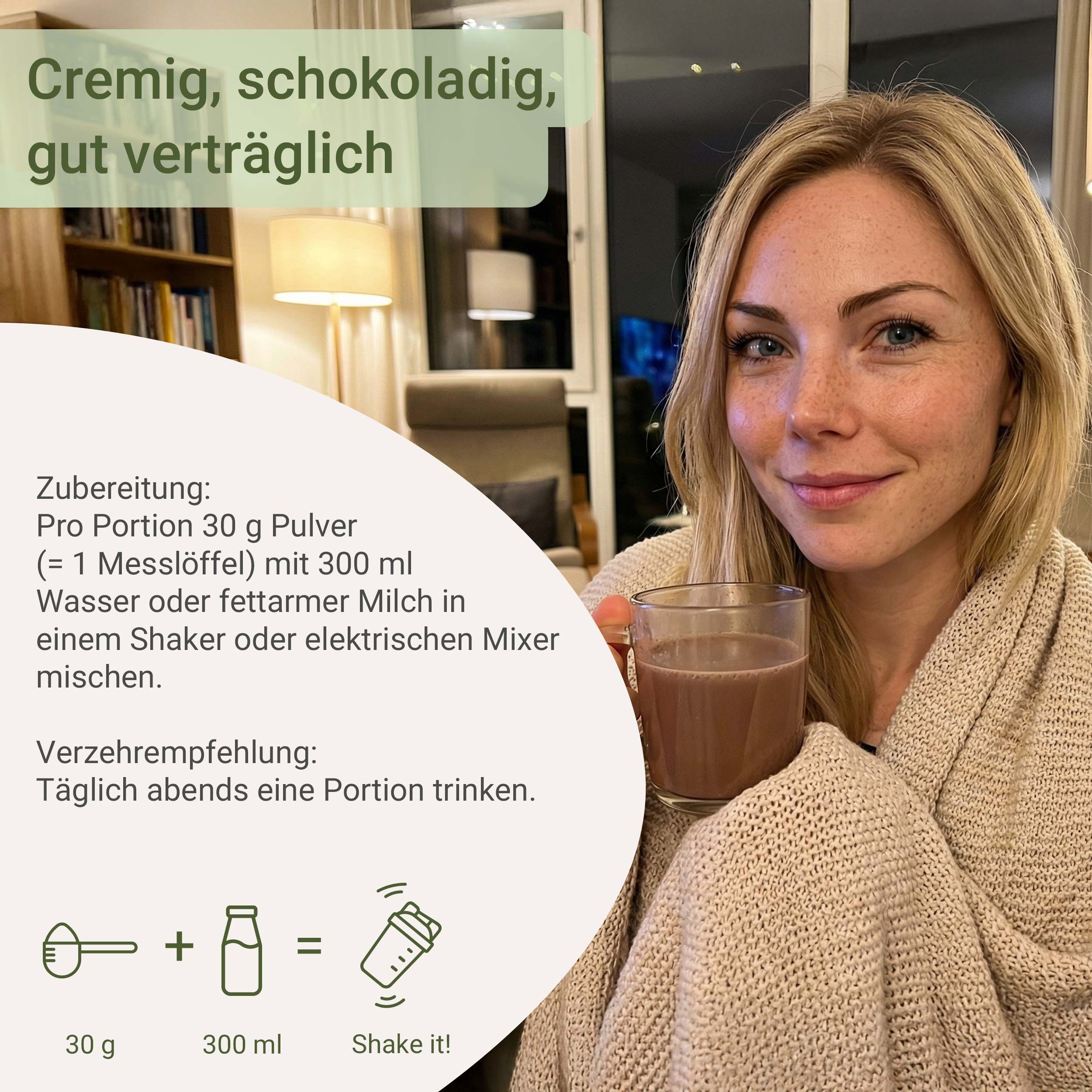 Frau mit einer Tasse Schokoladengetränk, mit Zubereitungshinweisen.