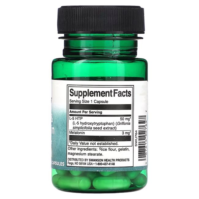 Grüne Kapseln in einer grünen Flasche mit schwarzem Deckel. Etikett mit Nährwertangaben, 5-HTP und Melatonin.