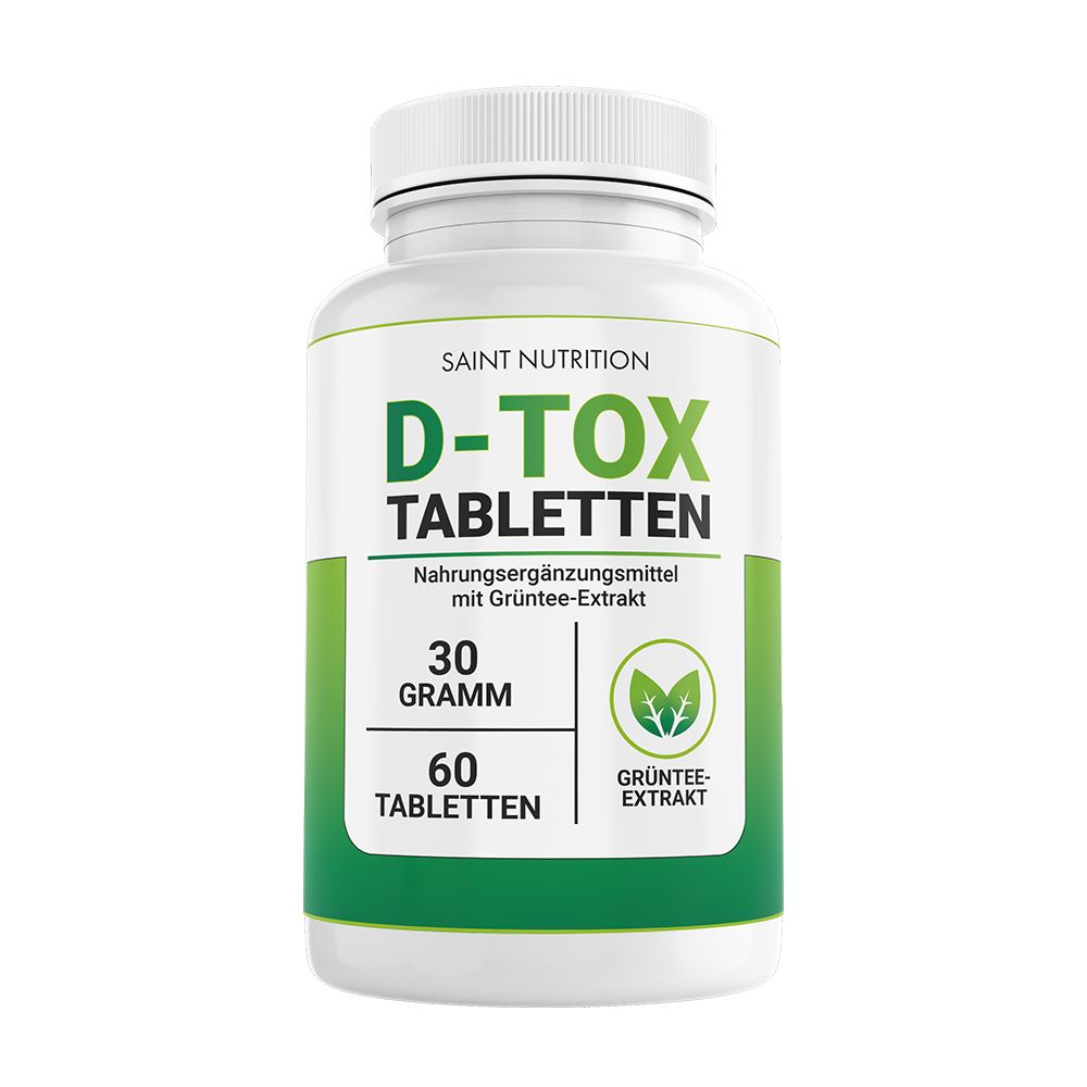 Weiße Flasche mit Saint Nutrition D-Tox Tabletten. Grün-weiße Etikettierung mit Produktnamen, 30 Gramm, 60 Tabletten und Grüntee-Extrakt.