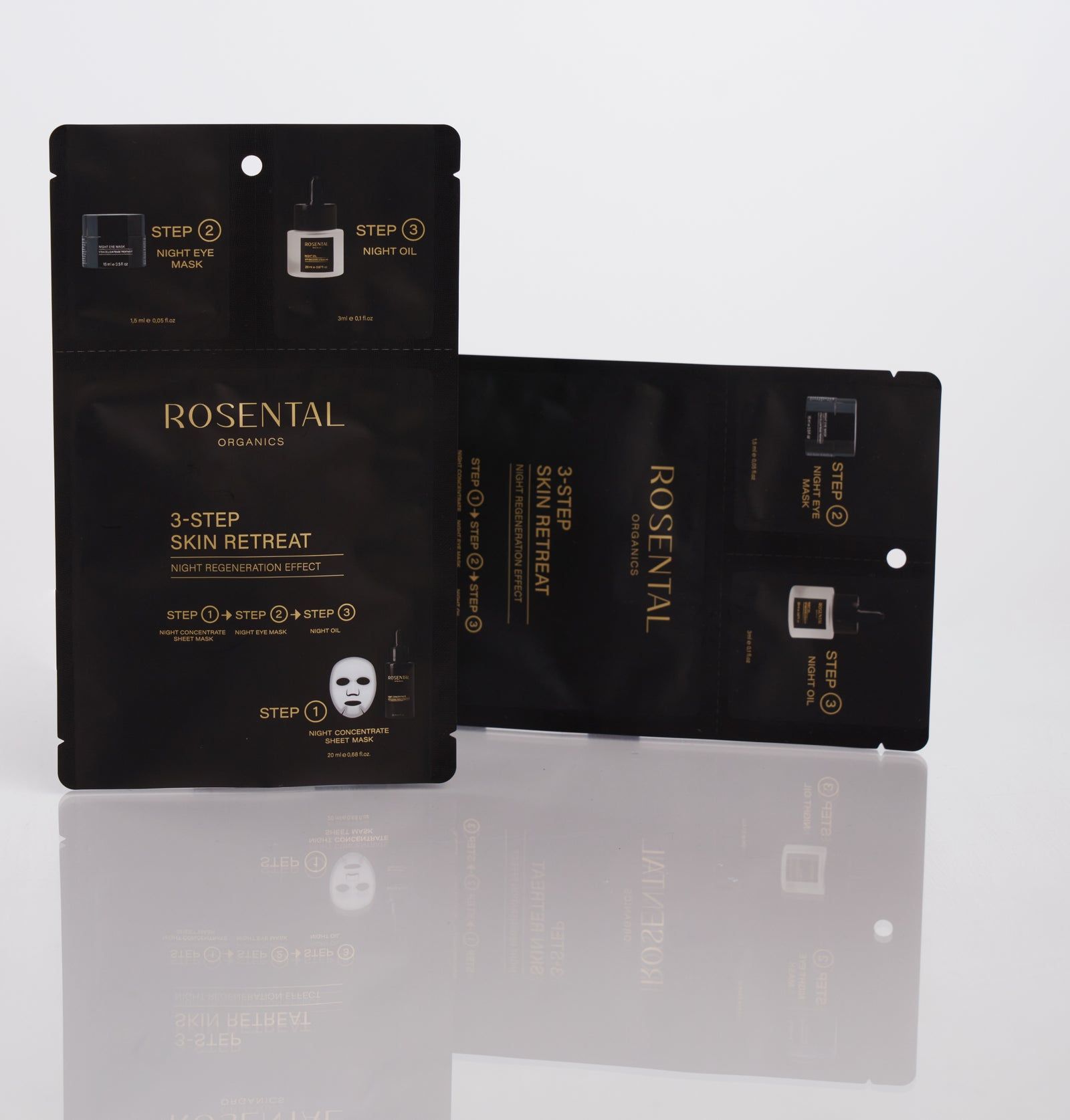 Zwei schwarze Verpackungen mit Produktnamen und 3-Step Skin Retreat. Enthält Abbildungen von Produkten und Anweisungen.