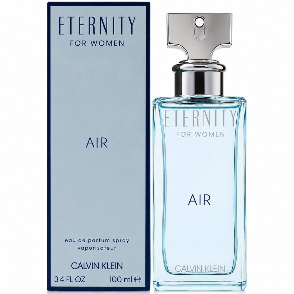 Calvin Klein Eternity Air Eau de Parfum Damen Set. Flakon und rechteckige Schachtel mit silbernem Zerstäuber.