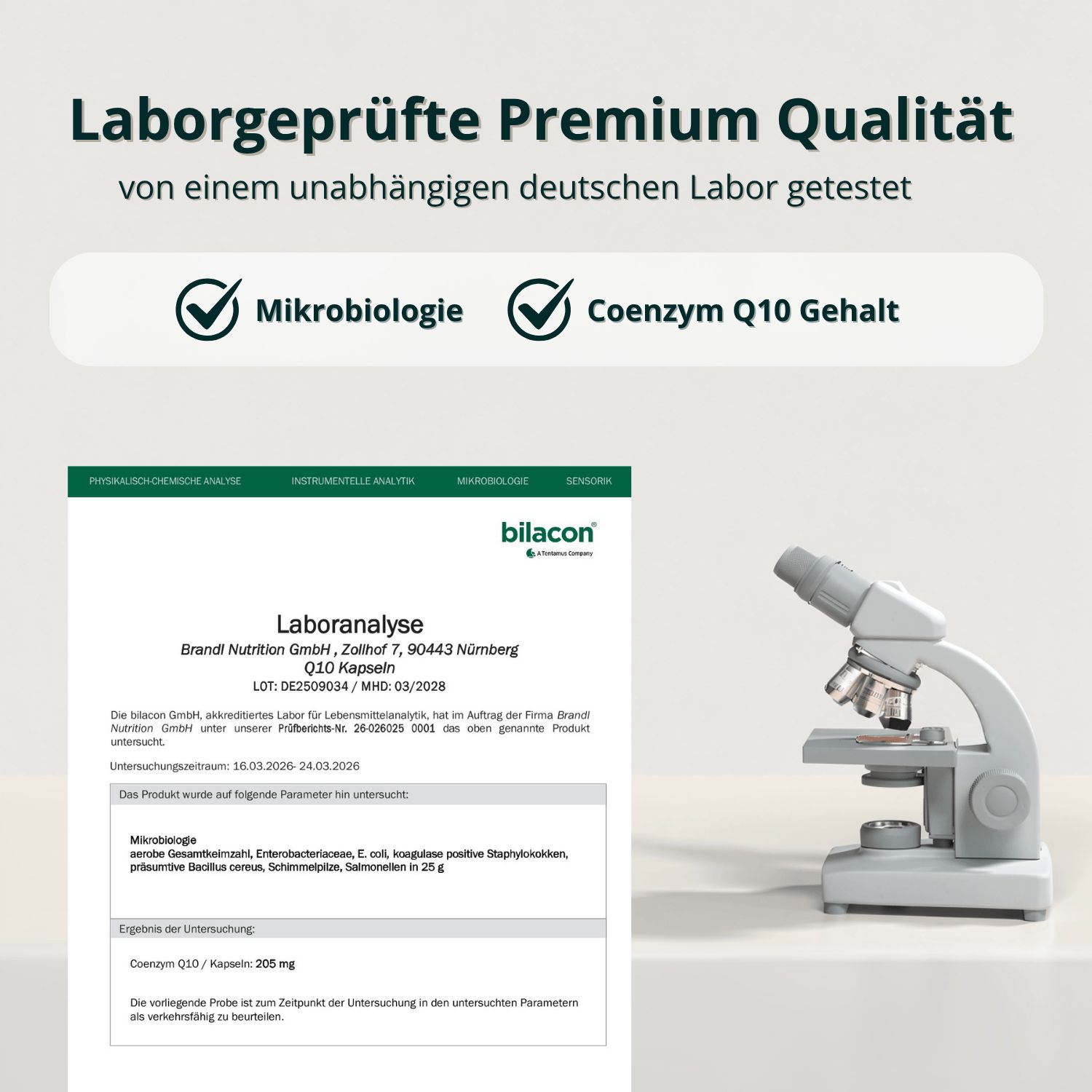 Mikroskop und Laboranalyse. Text: Laborgeprüfte Premium Qualität. Analyse von Coenzym Q10 Kapseln. Ergebnisse und Mikrobiologie.