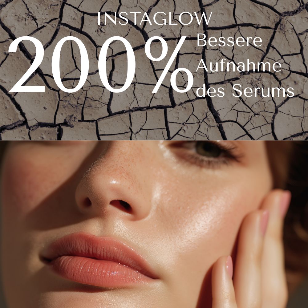 Frau mit Produkt. Text: 200% bessere Aufnahme des Serums.