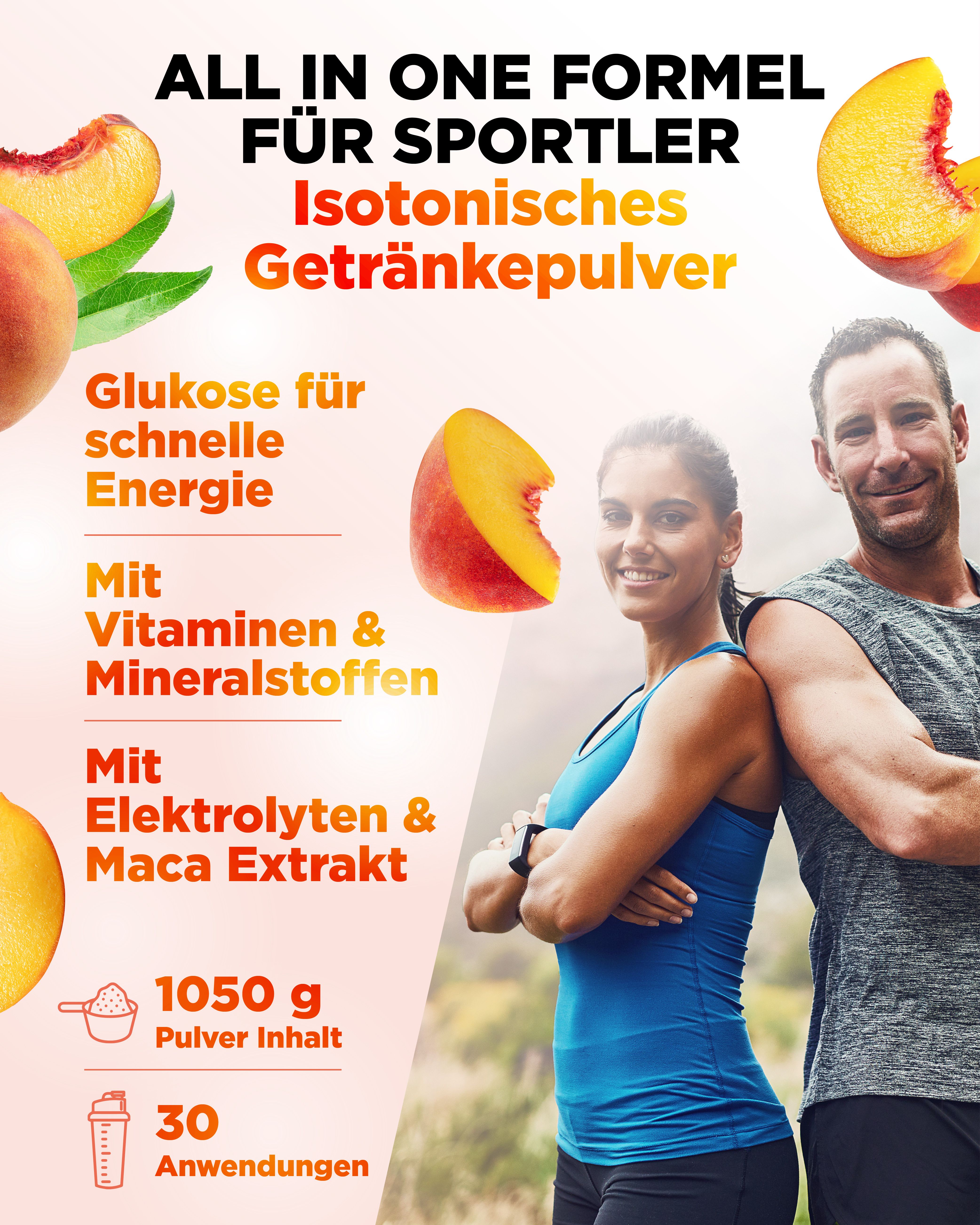 Werbebild mit Sportlern. Text: All in One Formel für Sportler. Isotonisches Getränkepulver. Pfirsich-Illustrationen. 1050 g Pulver Inhalt.