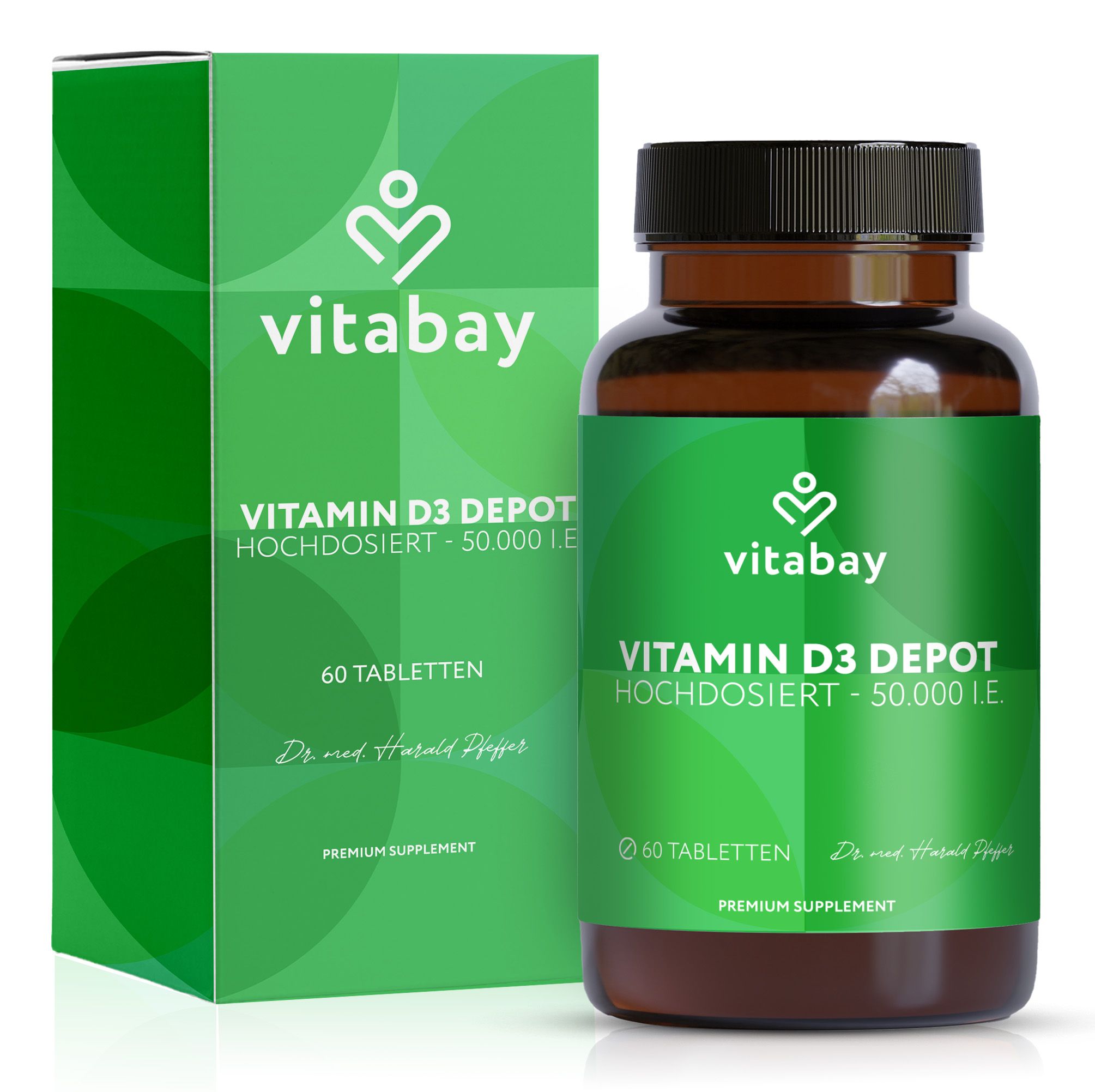 Vitabay Vitamin D3 Depot 50.000 I.E. Tabletten in Dose und Verpackung. 60 Tabletten.