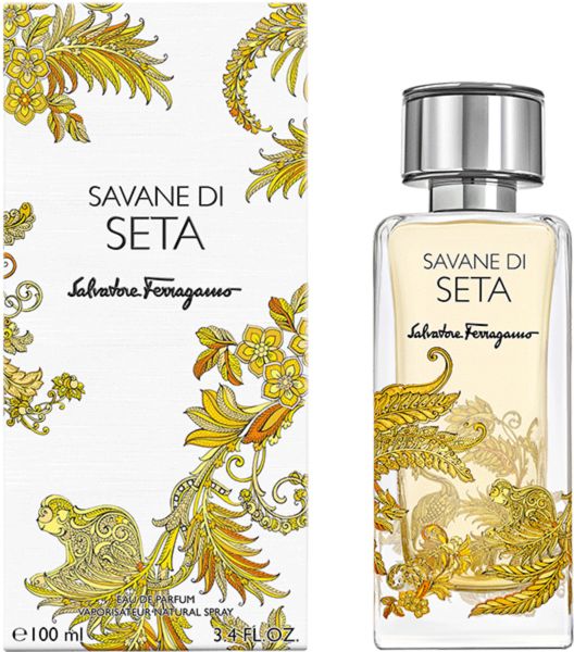 Parfümflasche. Aufschrift: Savane Di Seta, Salvatore Ferragamo. Goldene Verzierungen.