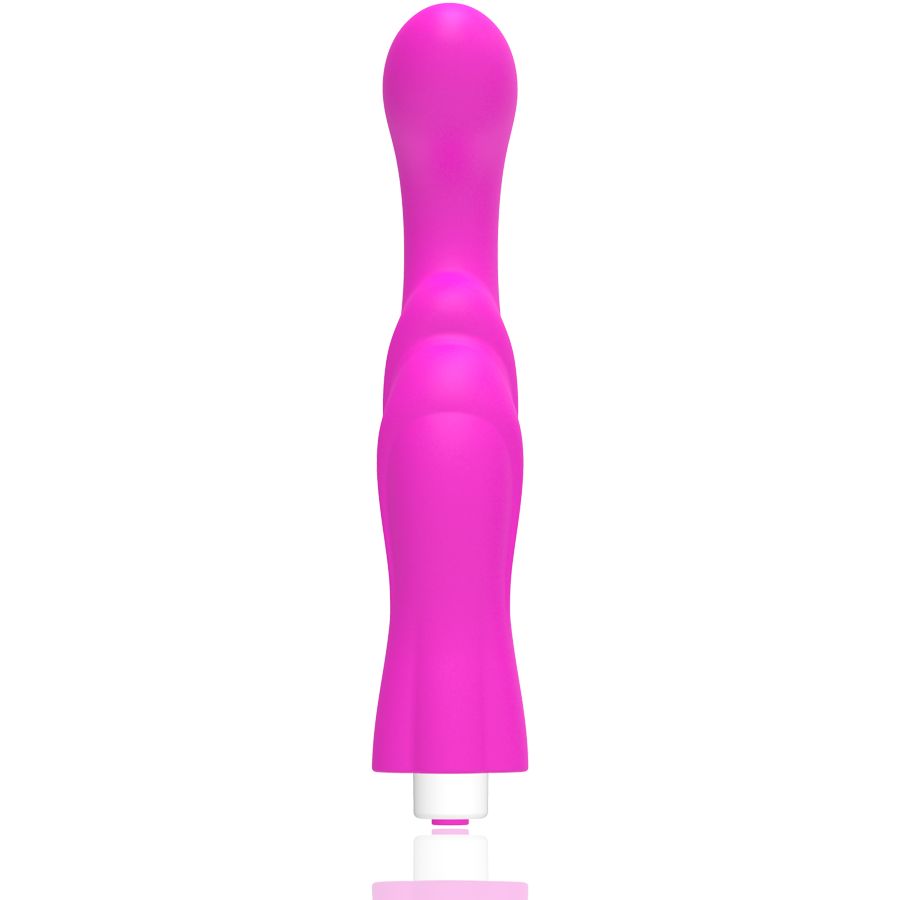 Pinkfarbener Vibrator mit gerader Form. Der Schaft hat Rillen. Am Ende befindet sich ein weißer Einsatz.