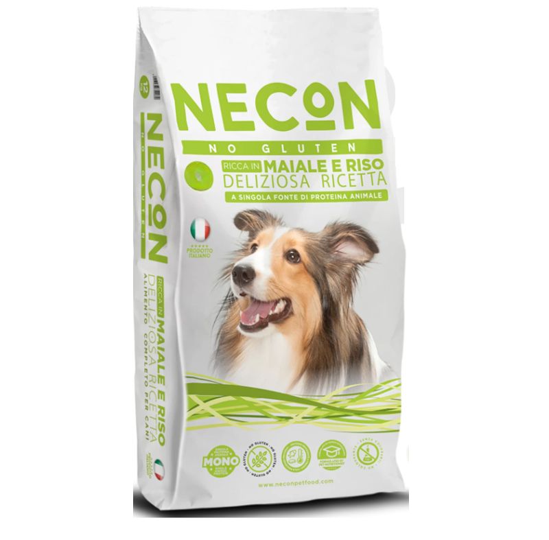 Hundefutterbeutel mit Aufdruck. Enthält Schweinefleisch und Reis. Marke: Necon. Abbildung eines Hundes.