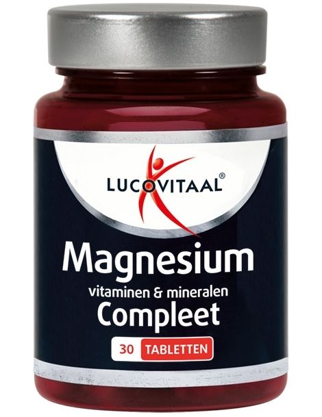 Dunkelrotes Glas mit silbernem Deckel, Etikett mit "Magnesium Compleet" und "30 Tabletten".