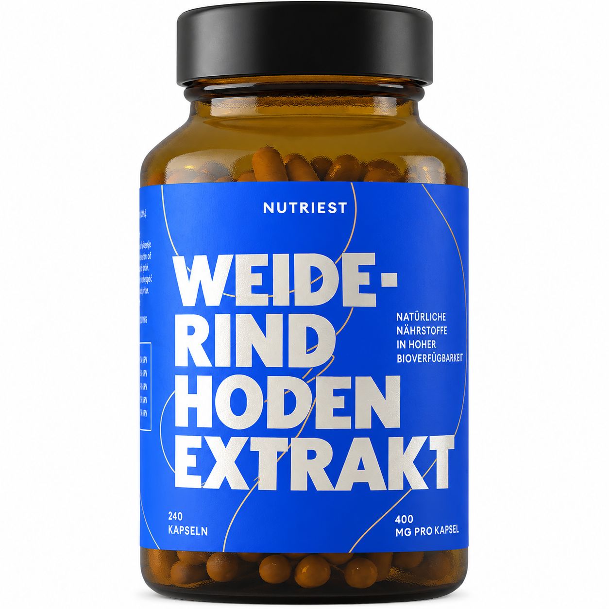 Nutriest Weiderind Hoden Extrakt Kapseln. Braunglasflasche mit blauem Etikett.