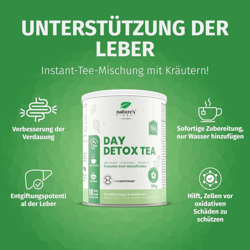 Grüner Hintergrund mit Dose Nature's Finest Day Detox Tea. Grafiken zeigen Verdauung, Entgiftung, sofortige Zubereitung, Zellschutz.