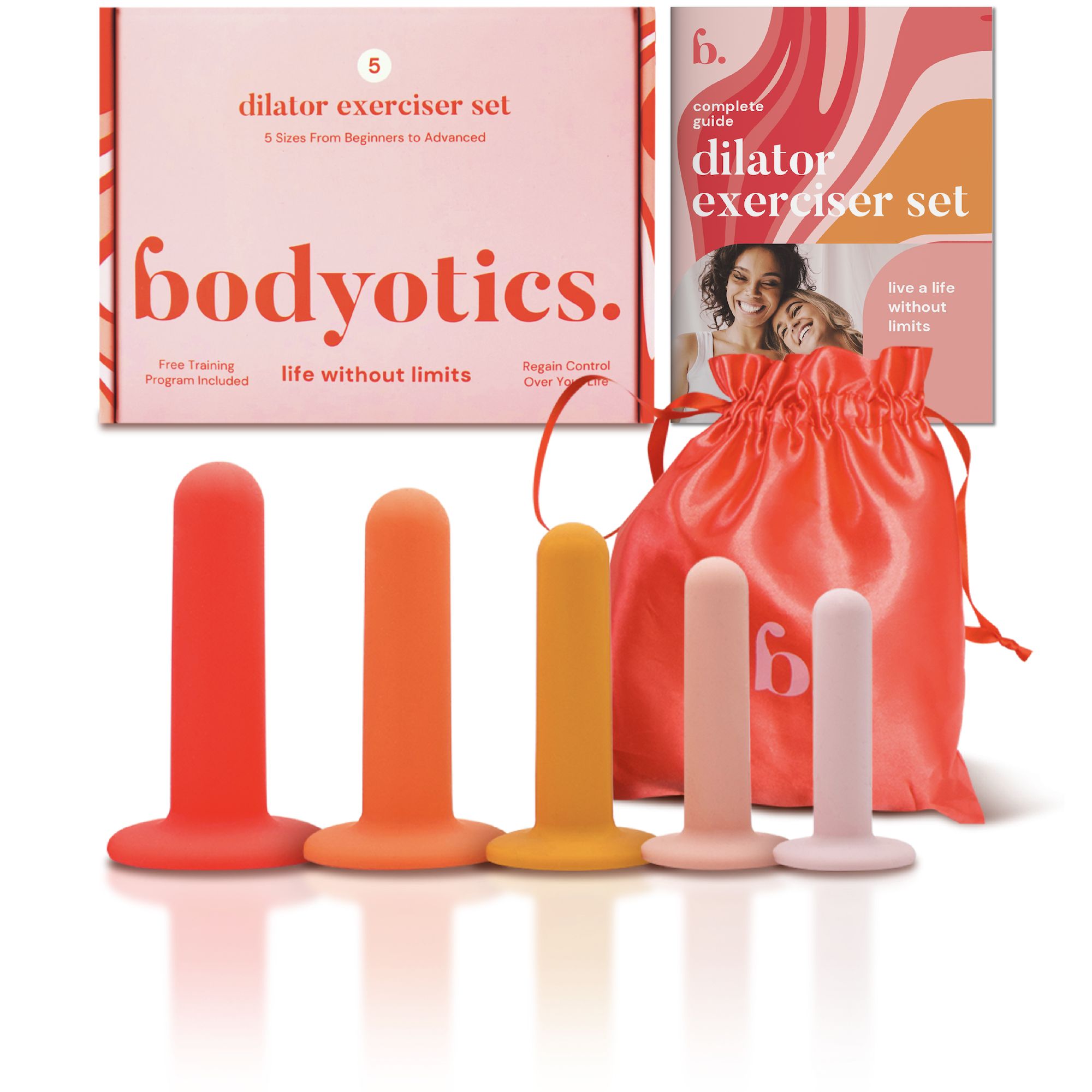 Set mit fünf Dilatatoren in verschiedenen Farben. Enthält eine Aufbewahrungstasche und eine Broschüre. Auf der Verpackung steht "bodyotics".