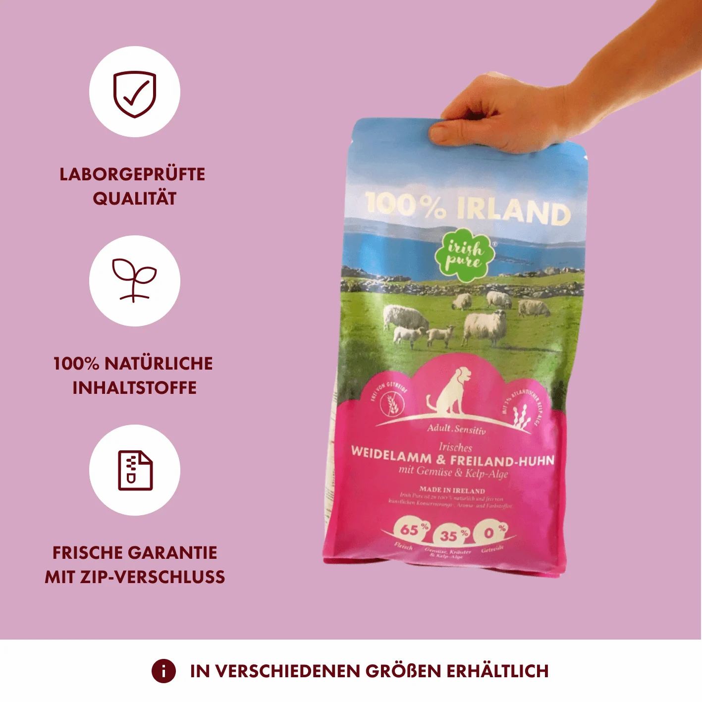 Hundefutter-Beutel mit Lamm und Huhn, 100% Irland, mit Gemüse und Kelp-Alge.