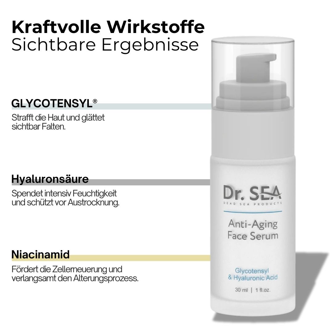 Serumflasche mit Pumpe. Text: Dr. SEA, Anti-Aging Face Serum, Glycotensyl & Hyaluronsäure. Inhaltsstoffe: Glycotensyl, Hyaluronsäure, Niacinamid.
