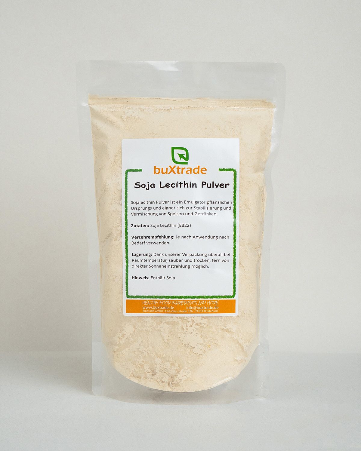 Bequeme Standbodenbeutel mit buXtrade Soja Lecithin Pulver. Enthält Soja.