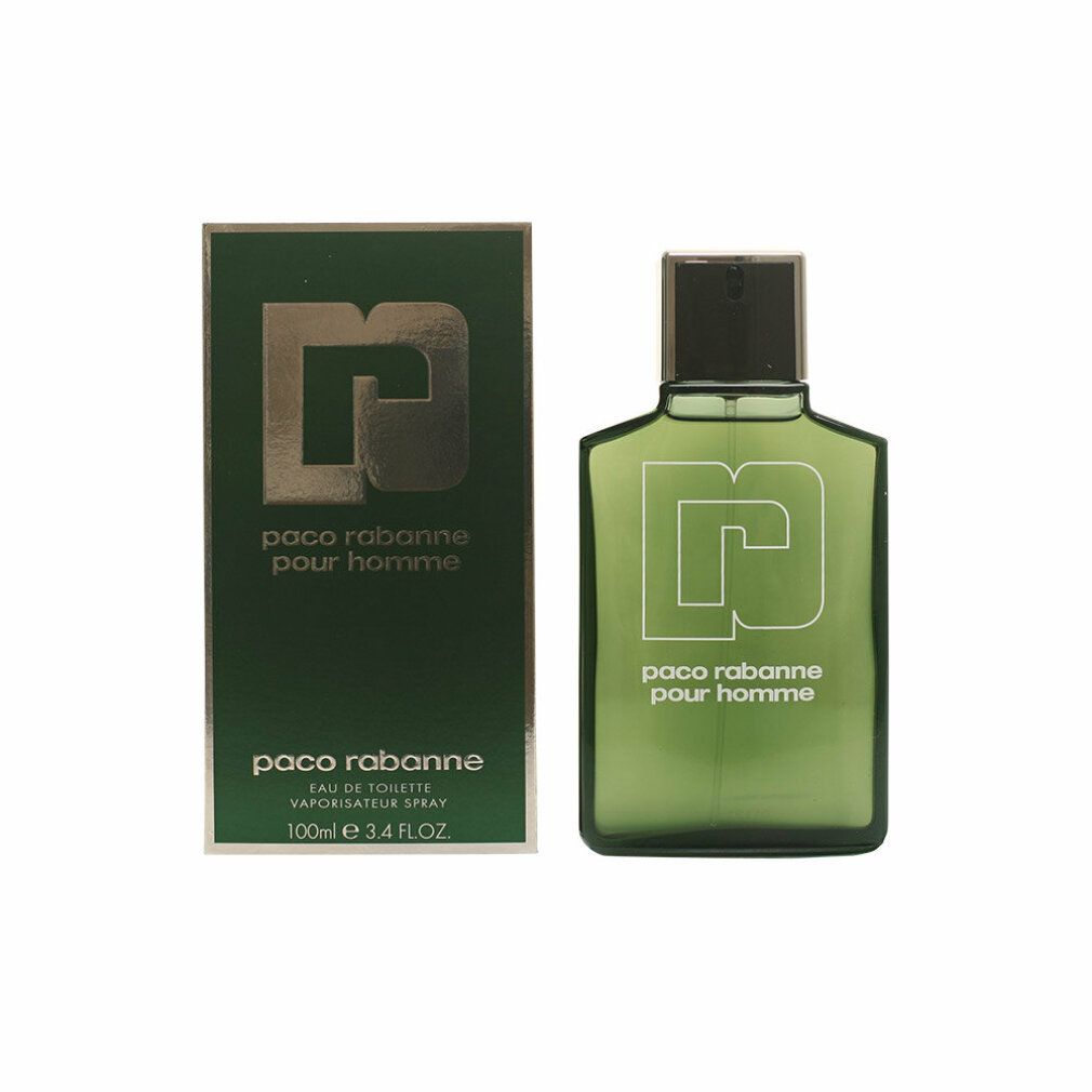 Grüne Paco Rabanne Pour Homme Flasche und Verpackung. Weißes Logo und Schriftzug. Eau de Toilette Spray.