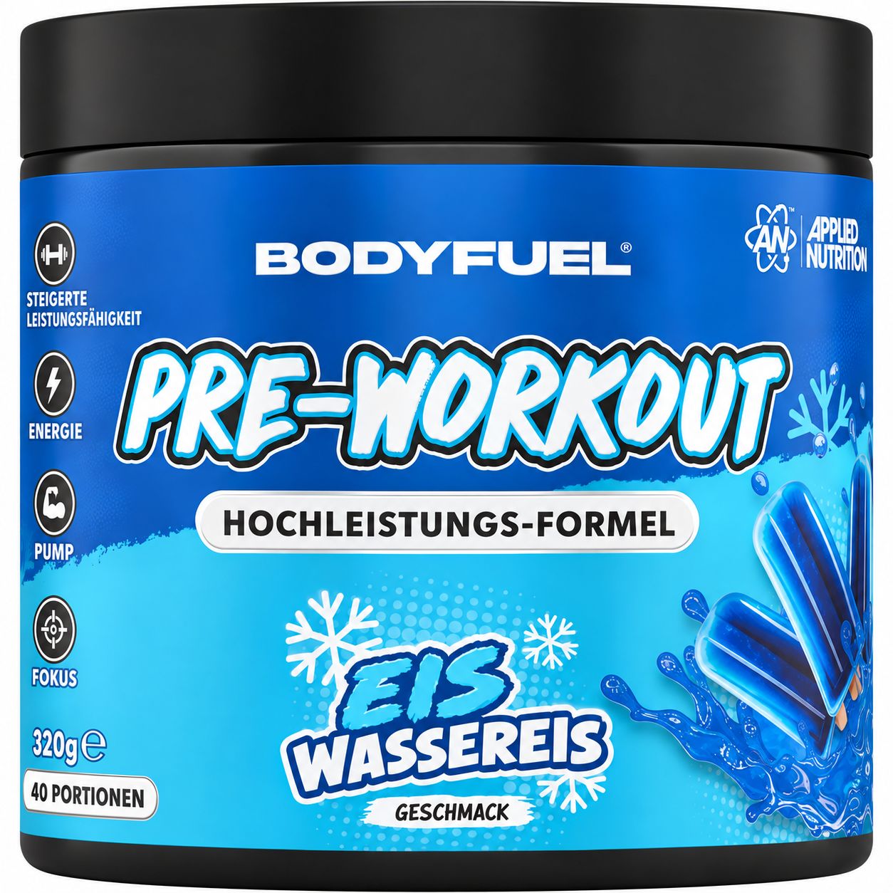 Bodyfuel Pre-Workout Eiswasser Geschmack Pulver in schwarzem Behälter. 320g.