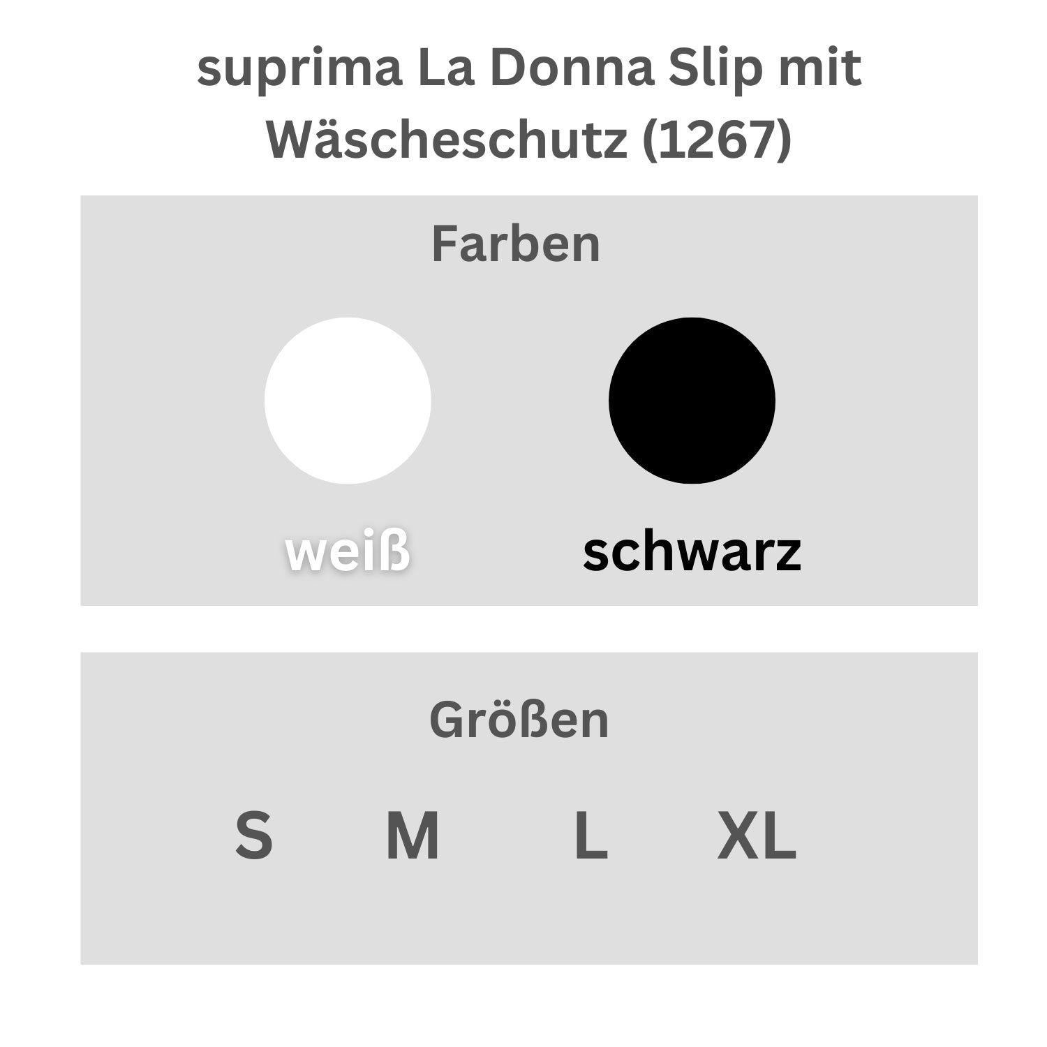 Infotafel: Farben (weiß, schwarz) und Größen (S, M, L, XL) für Inkontinenz-Slip.