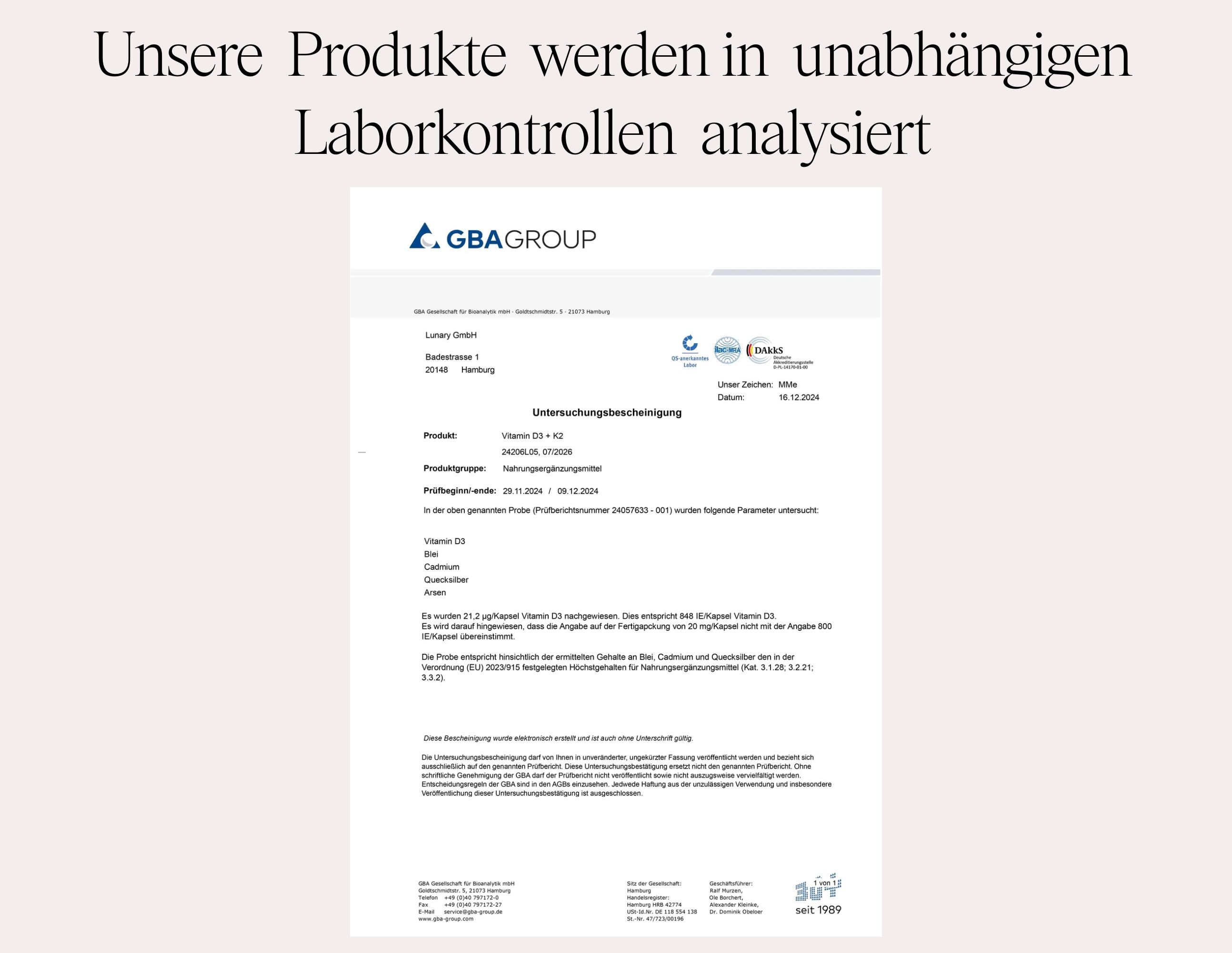 Laborbericht. Text: Unsere Produkte werden in unabhängigen Laborkontrollen analysiert. GBA Group.