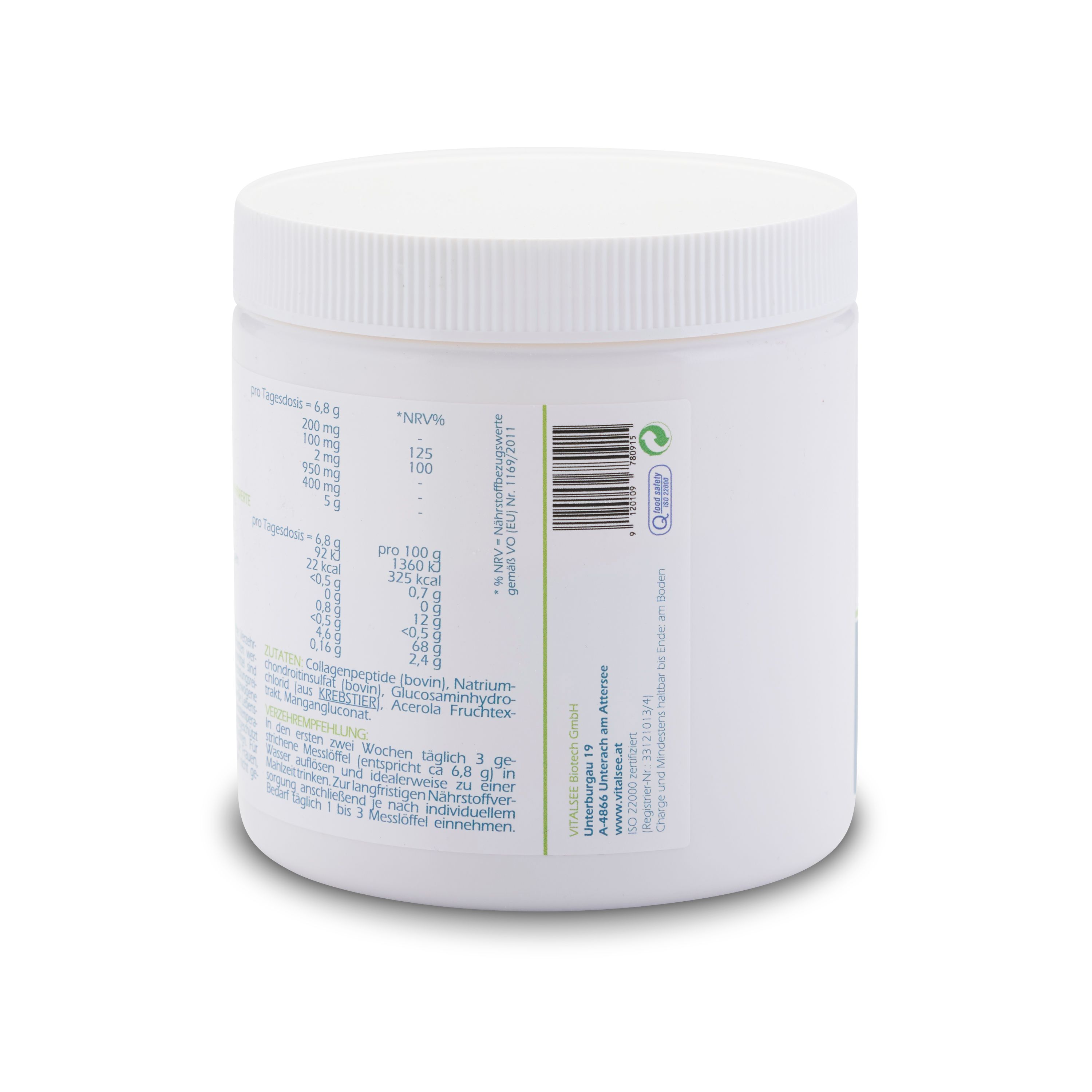 Rückseite des weißen Produktglases. Enthält Nährwertangaben und Zutatenliste. Barcode und grüne Kennzeichnungen.