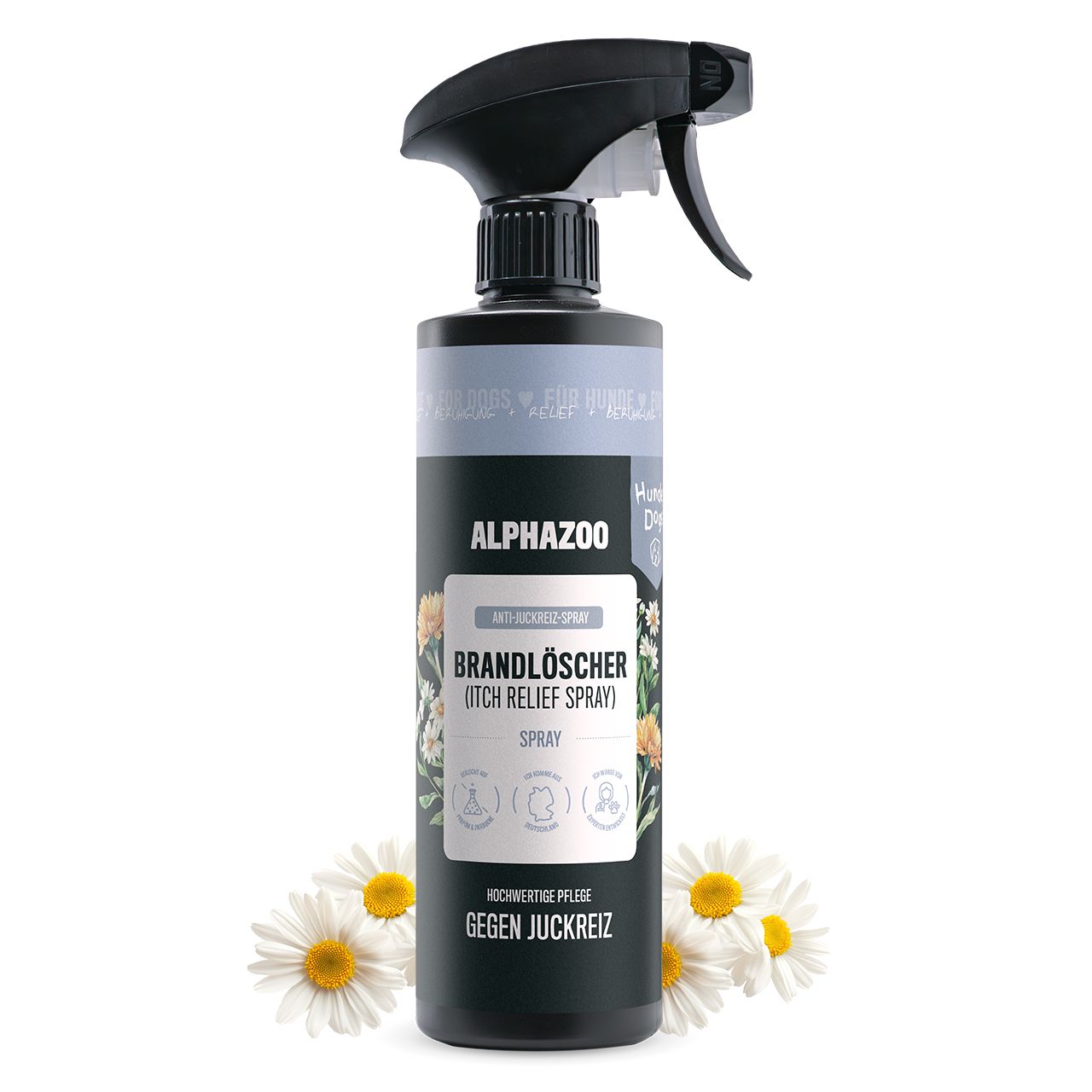 Schwarze Sprühflasche mit schwarzem Sprühkopf. Aufschrift: ALPHAZOO, Brandlöscher, Anti Juckreiz Spray. Kamillenblüten.