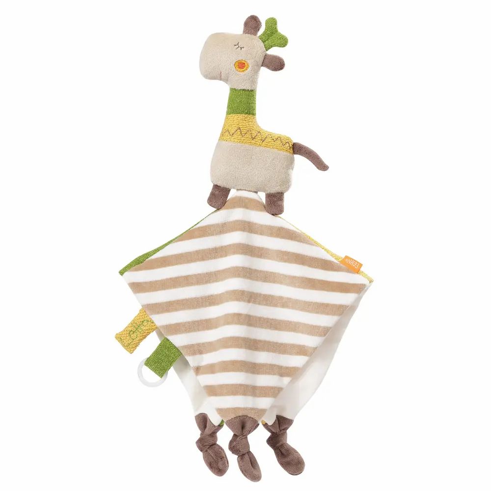 Gestreiftes Kuscheltuch mit Giraffen-Kopf. Beige, braun, grün und gelb. Mit Knoten an den Ecken und einem Ring.