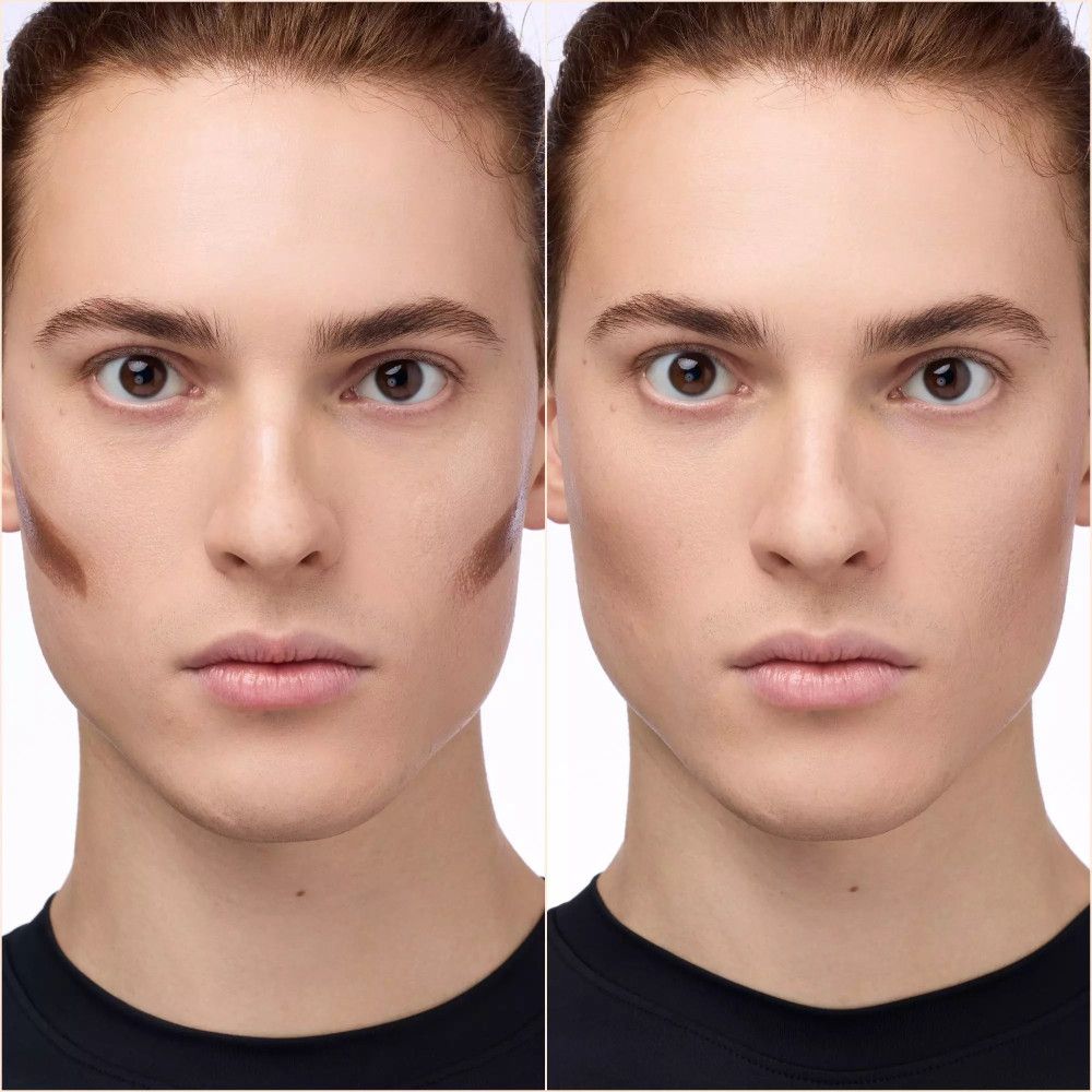 Vorher-Nachher-Vergleich. Mann mit Konturierung, dann ohne.