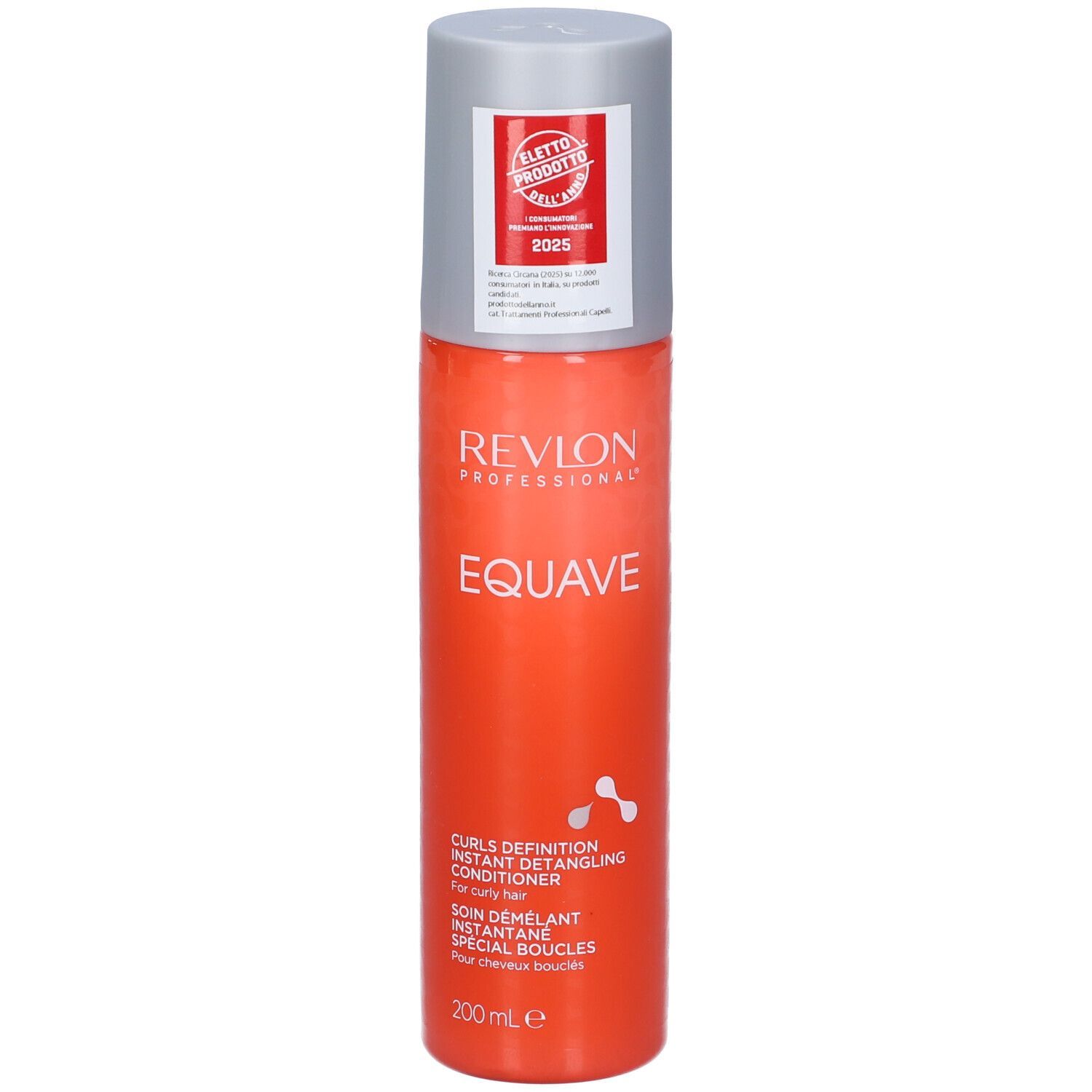 Revlon EQUAVE Curls Detangling Conditioning. Orangefarbene Flasche mit silbernem Deckel. Text und Logo.
