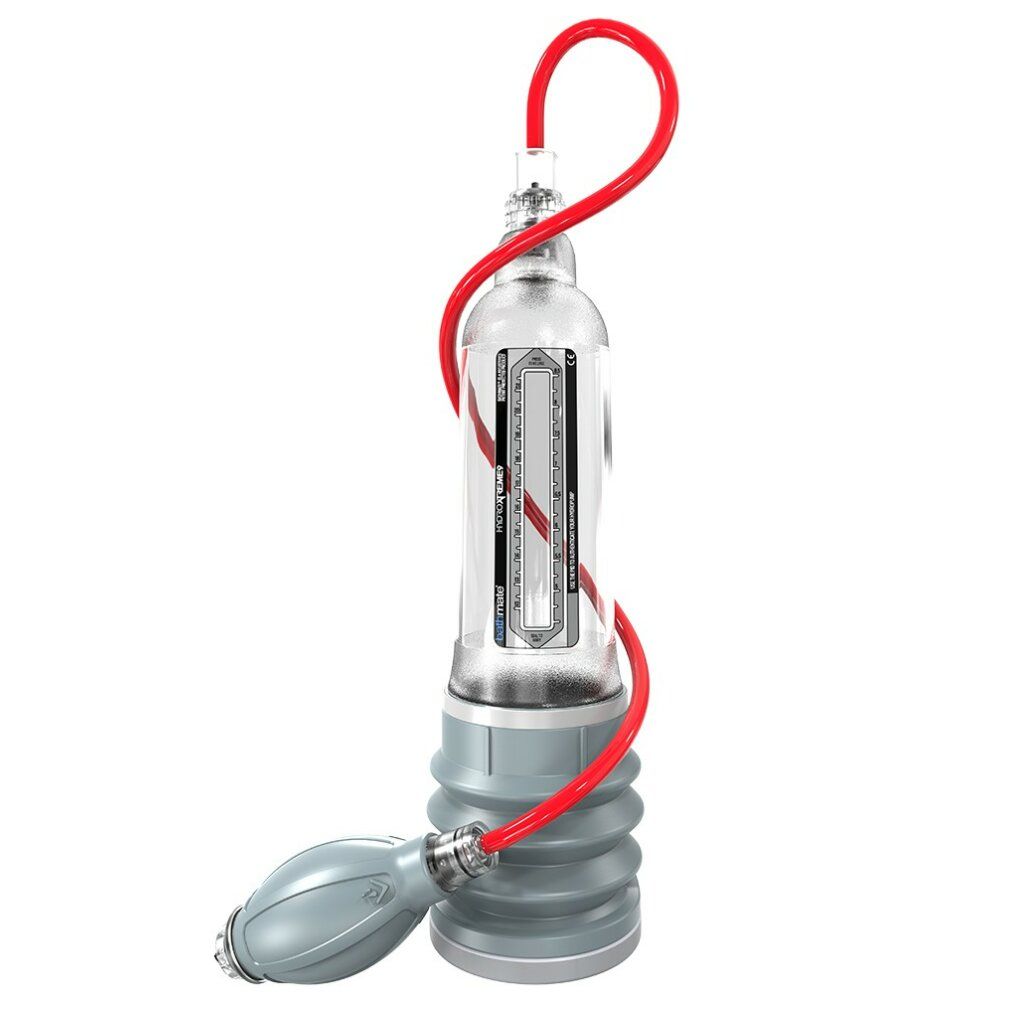 Transparentes Gerät mit rotem Schlauch und Pumpe. Graue Basis und Pumpe. Skala auf dem Gerät sichtbar.