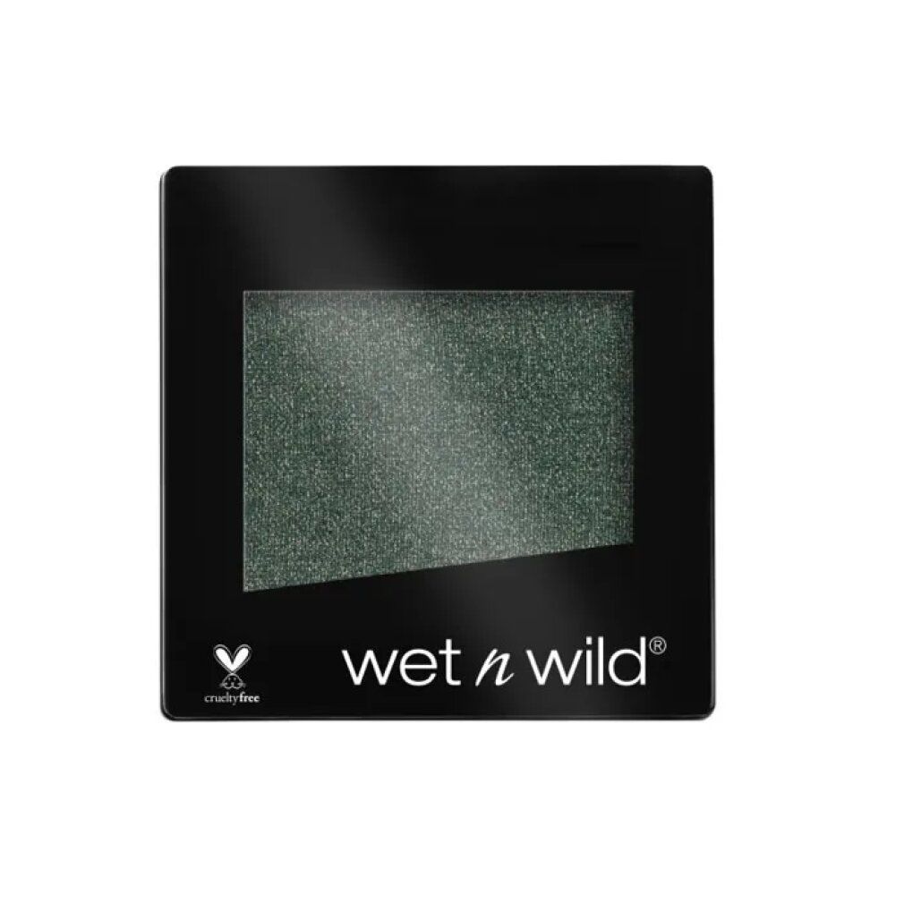 Quadratischer, schwarzer Lidschatten-Behälter mit grünem Lidschatten. Marke: wet n wild. Vegan-Siegel.