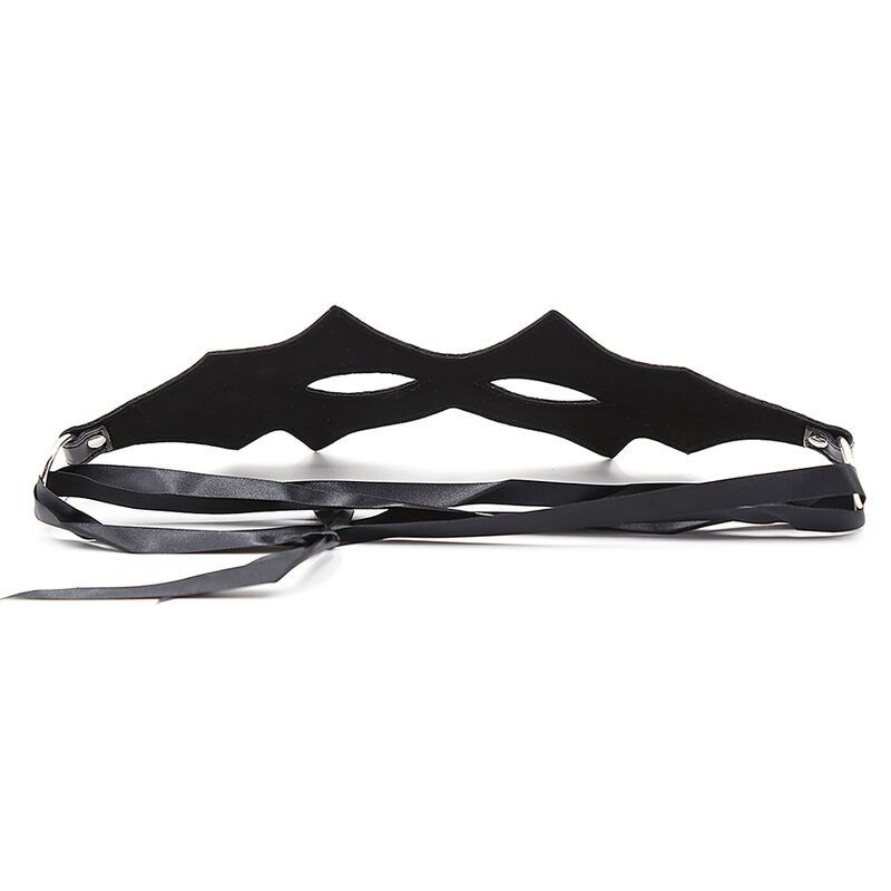Schwarze Augenmaske in Fledermausform. Mit Augenöffnungen und Bändern. Aus Kunstleder.
