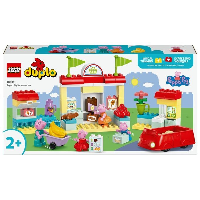 LEGO Duplo Peppa Pig Supermarkt. Bausatz mit Figuren, rotem Auto, Marktstand und Zubehör. Verpackung mit Logo und Altersempfehlung.