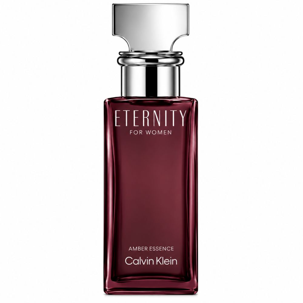 Calvin Klein Eternity Amber Essence Damenparfum in einem rechteckigen Flakon mit silbernem Verschluss.