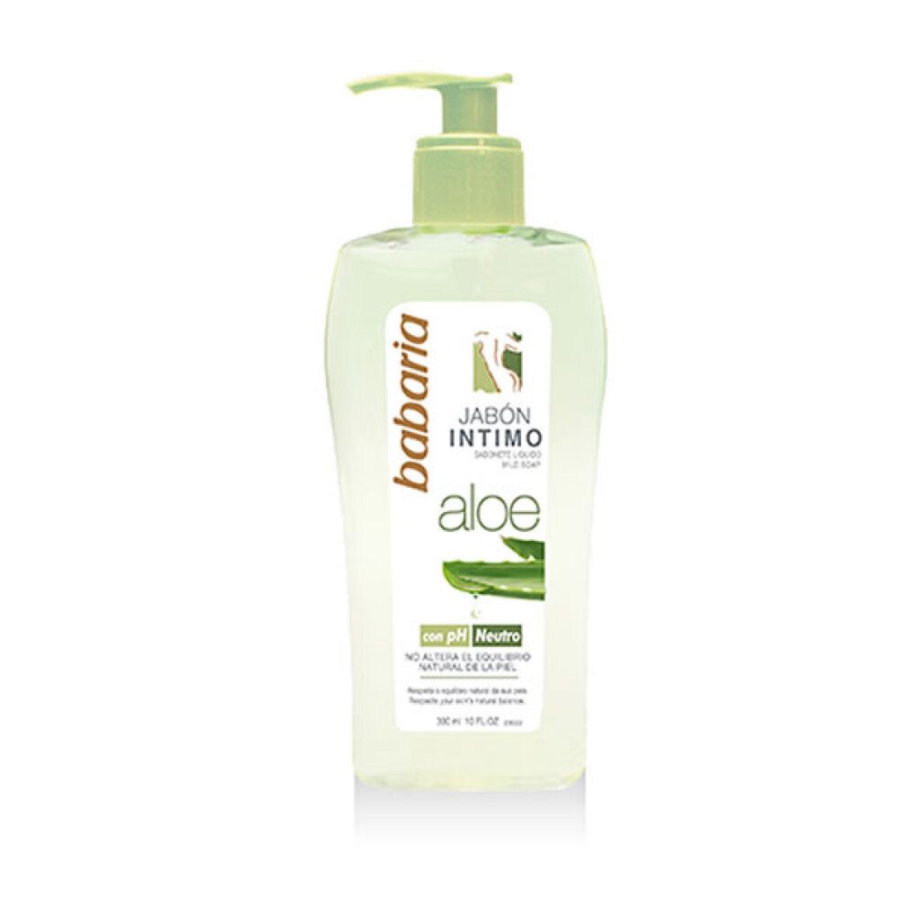 Babaria Intimseife Aloe Vera mit Pumpspender. Transparente Flüssigkeit in einer Flasche mit Etikett.