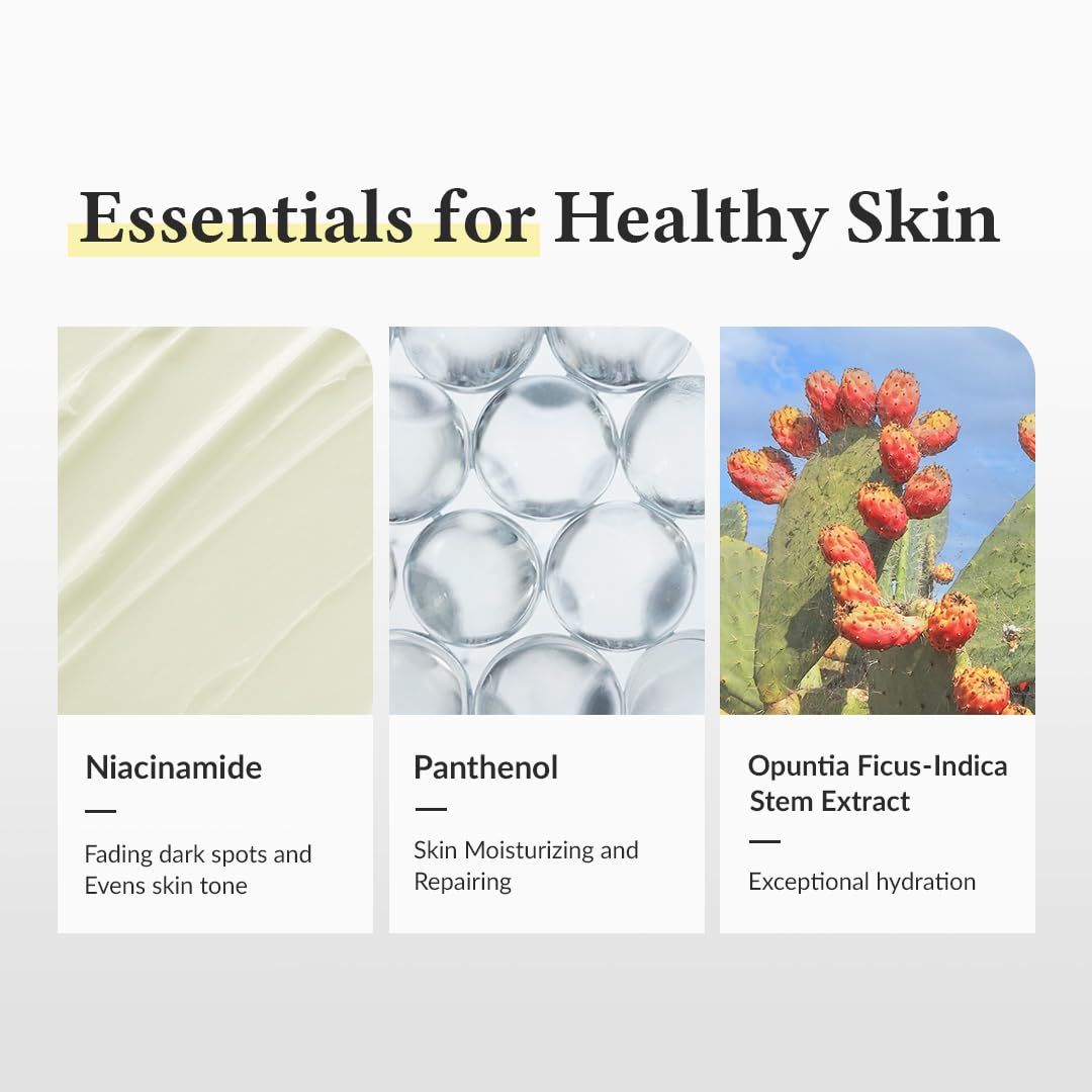 Drei Bilder: Niacinamid, Panthenol, Opuntia Ficus-Indica. Text: "Essentials for Healthy Skin".