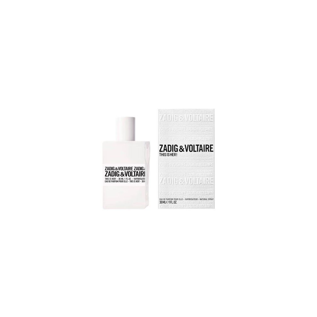 Weißer Flakon und Verpackung mit Zadig & Voltaire. "This is Her!" und weitere Angaben. Rechteckige Form.