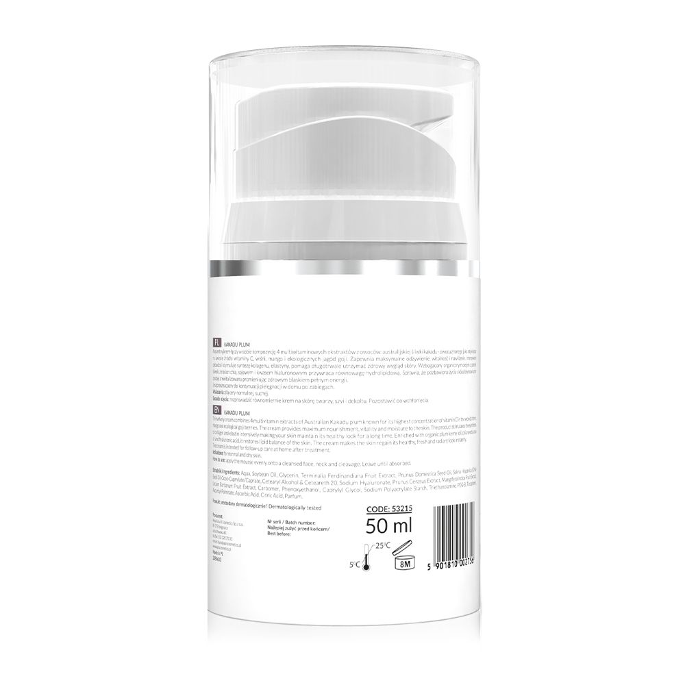Rückseite der Creme-Flasche. Text in mehreren Sprachen. Unten: 50 ml, Barcode.