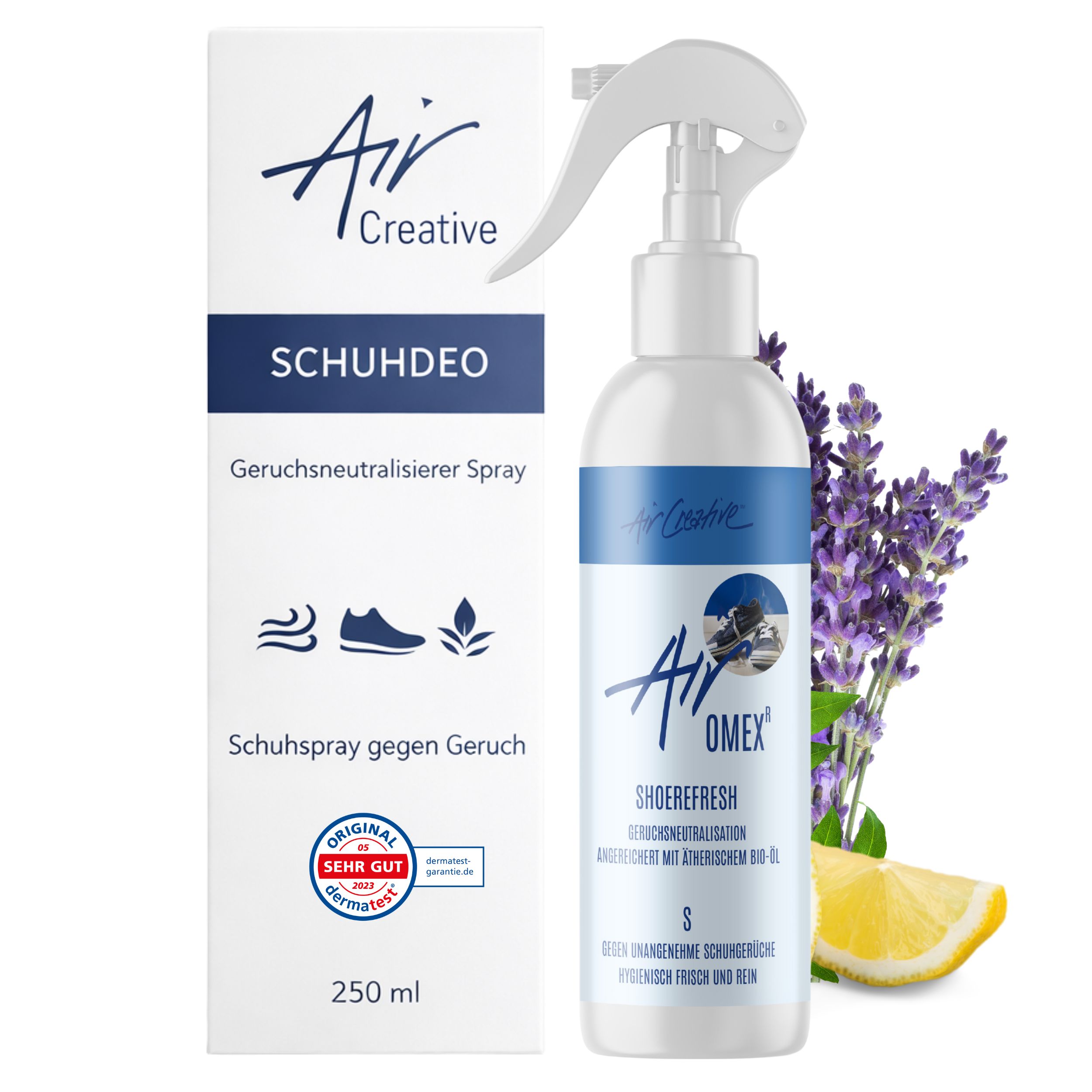 Weißes Spray mit blauem Etikett. Text: Air Creative, Schuhdeo, Air Omex Shoefresh. Verpackung mit Lavendel und Zitrone. Siegel: Dermatest.